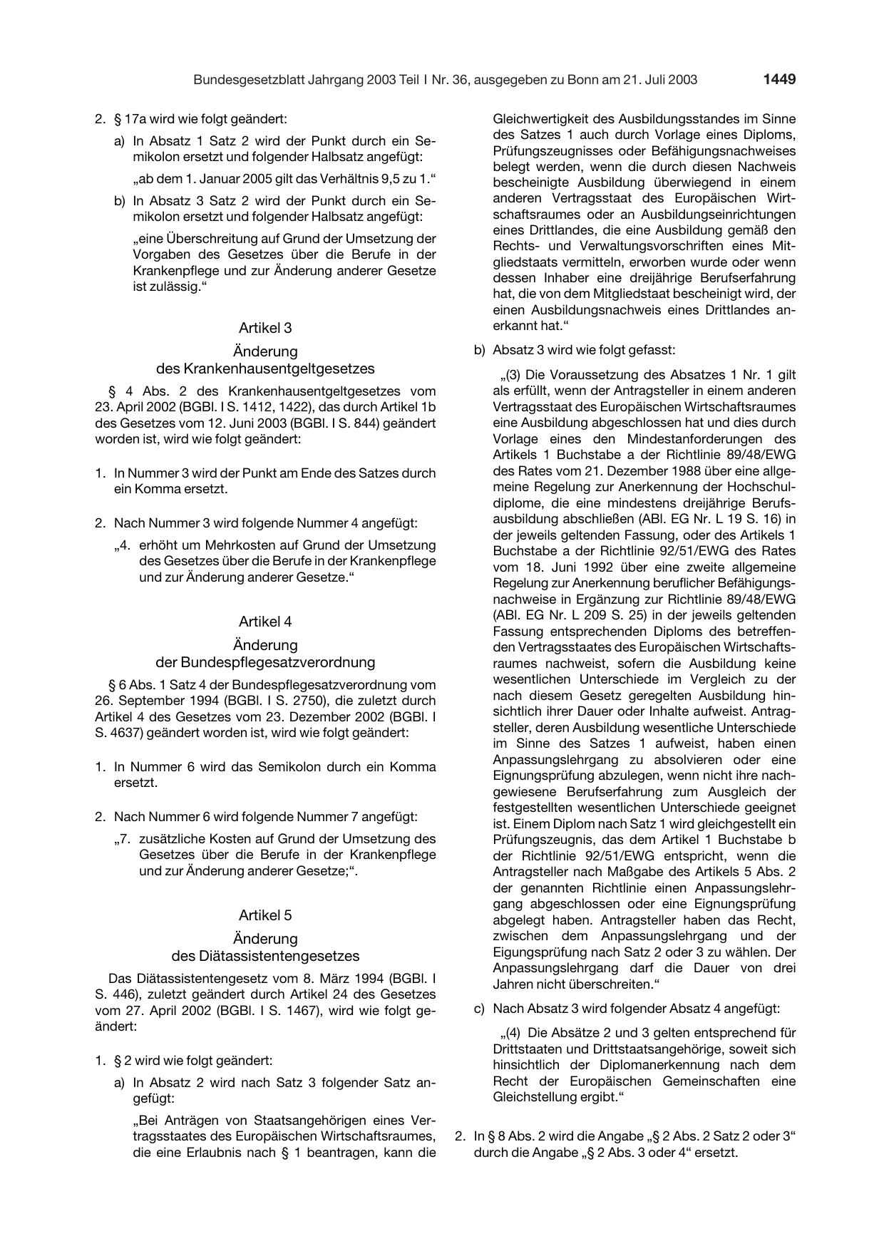 BGBl. 2003, Seite 1449 — Originalseite als Abbildung