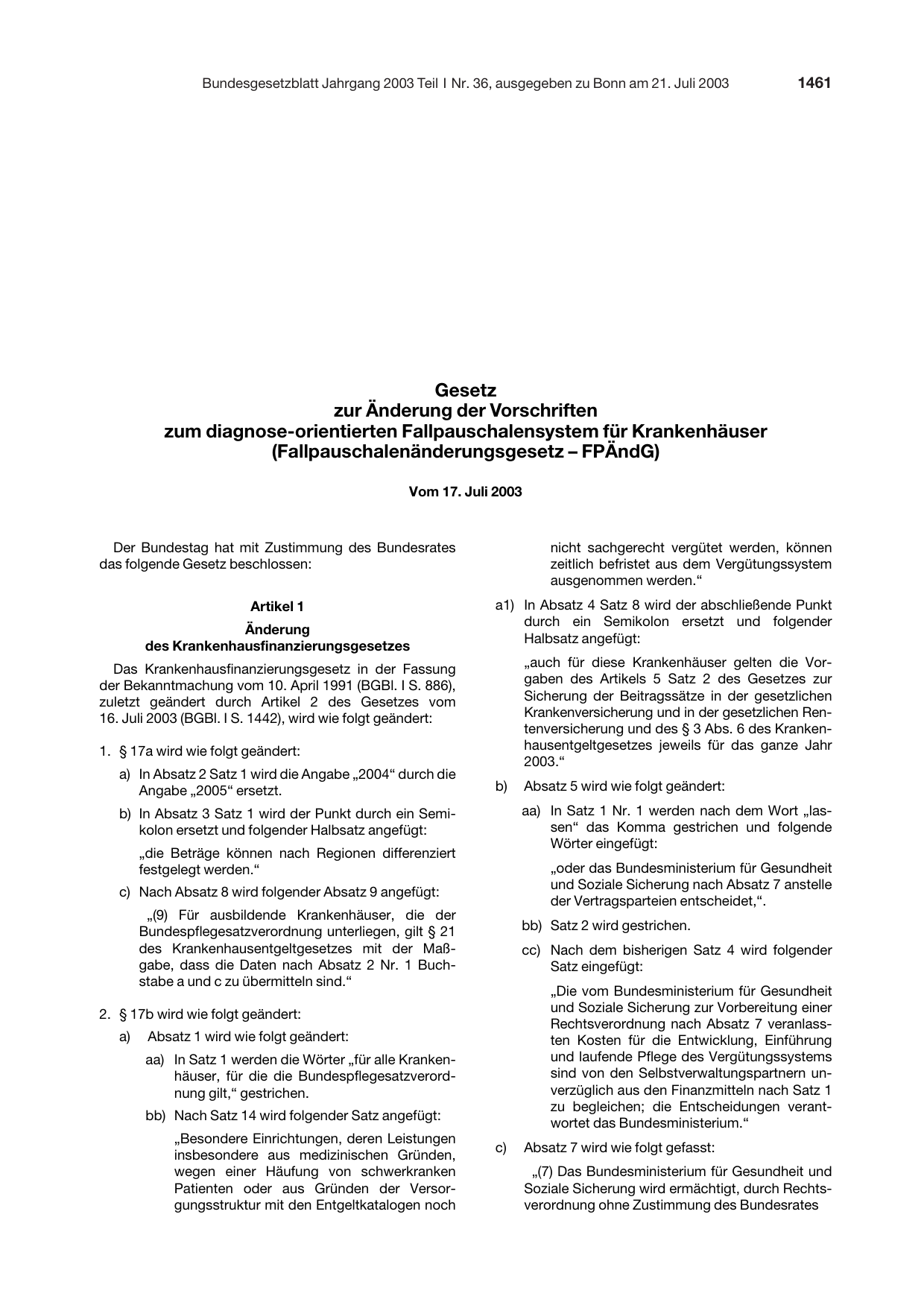 BGBl. 2003, Seite 1461 — Originalseite als Abbildung