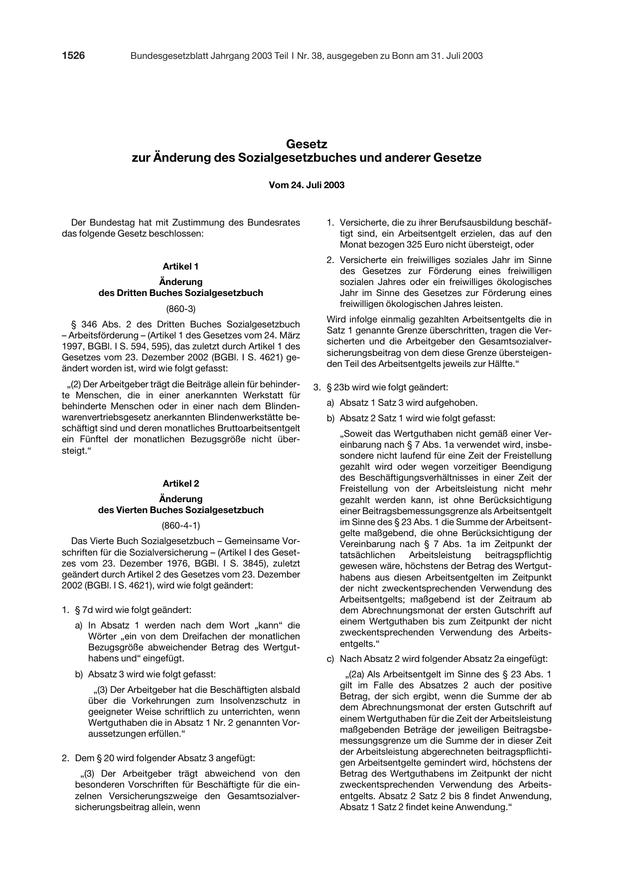 BGBl. 2003, Seite 1526 — Originalseite als Abbildung
