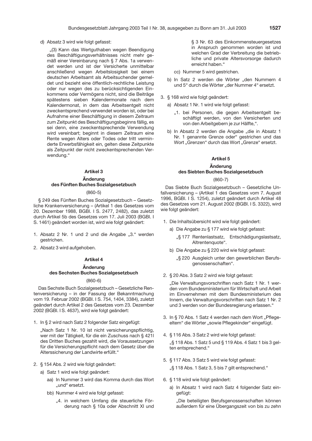 BGBl. 2003, Seite 1527 — Originalseite als Abbildung