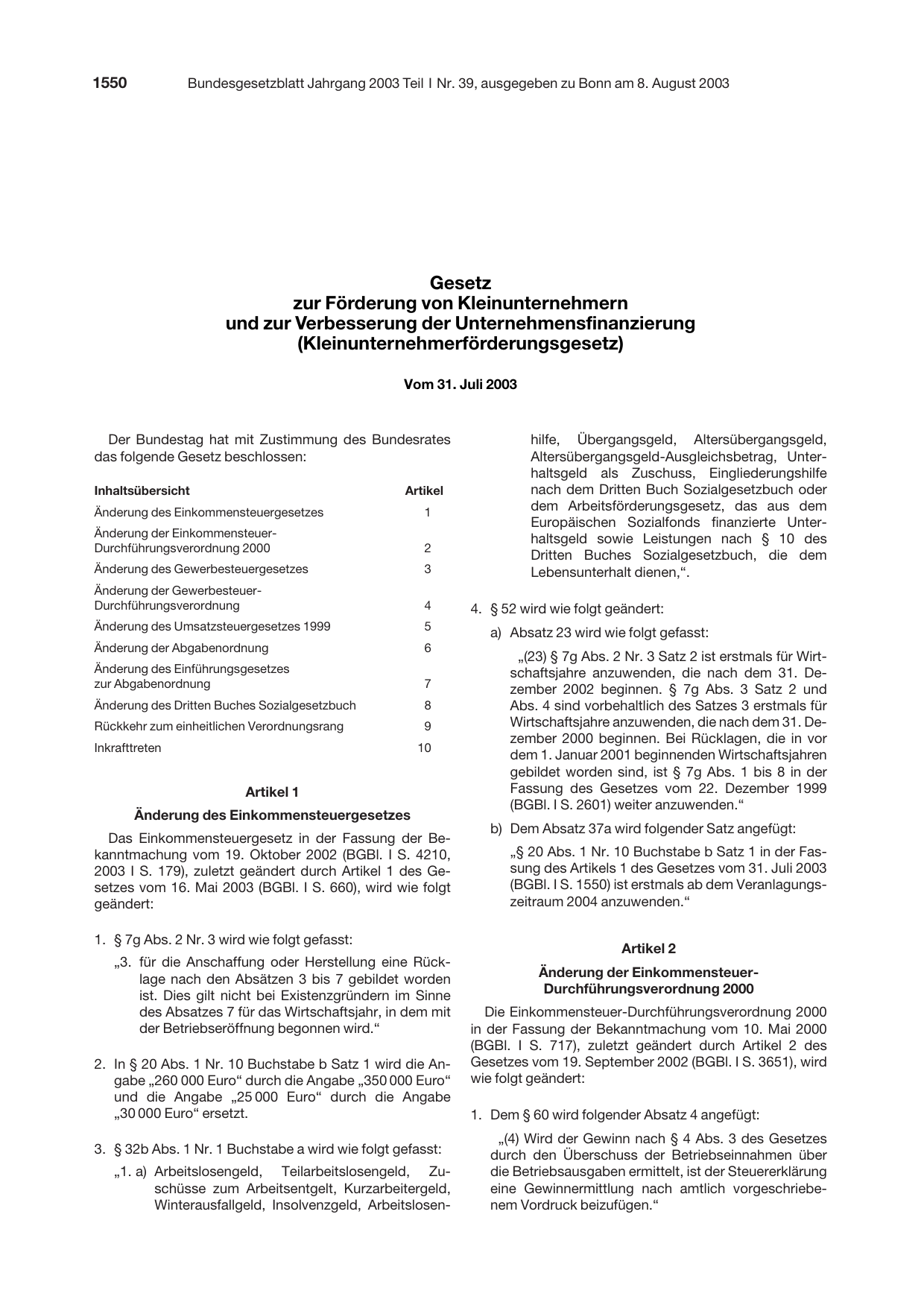 BGBl. 2003, Seite 1550 — Originalseite als Abbildung