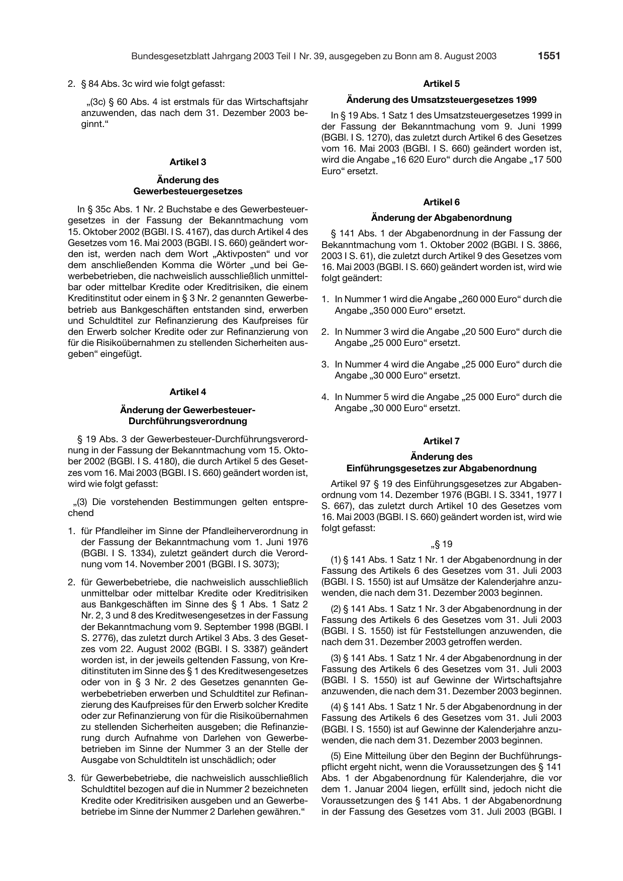 BGBl. 2003, Seite 1551 — Originalseite als Abbildung