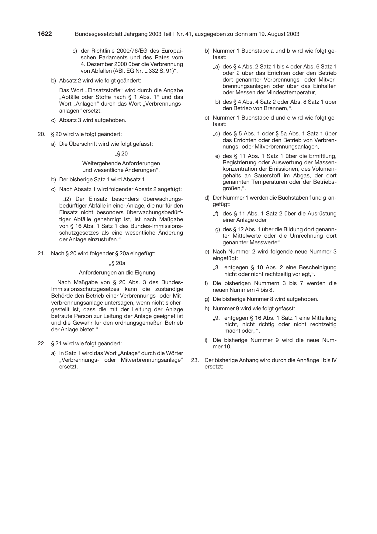 BGBl. 2003, Seite 1622 — Originalseite als Abbildung