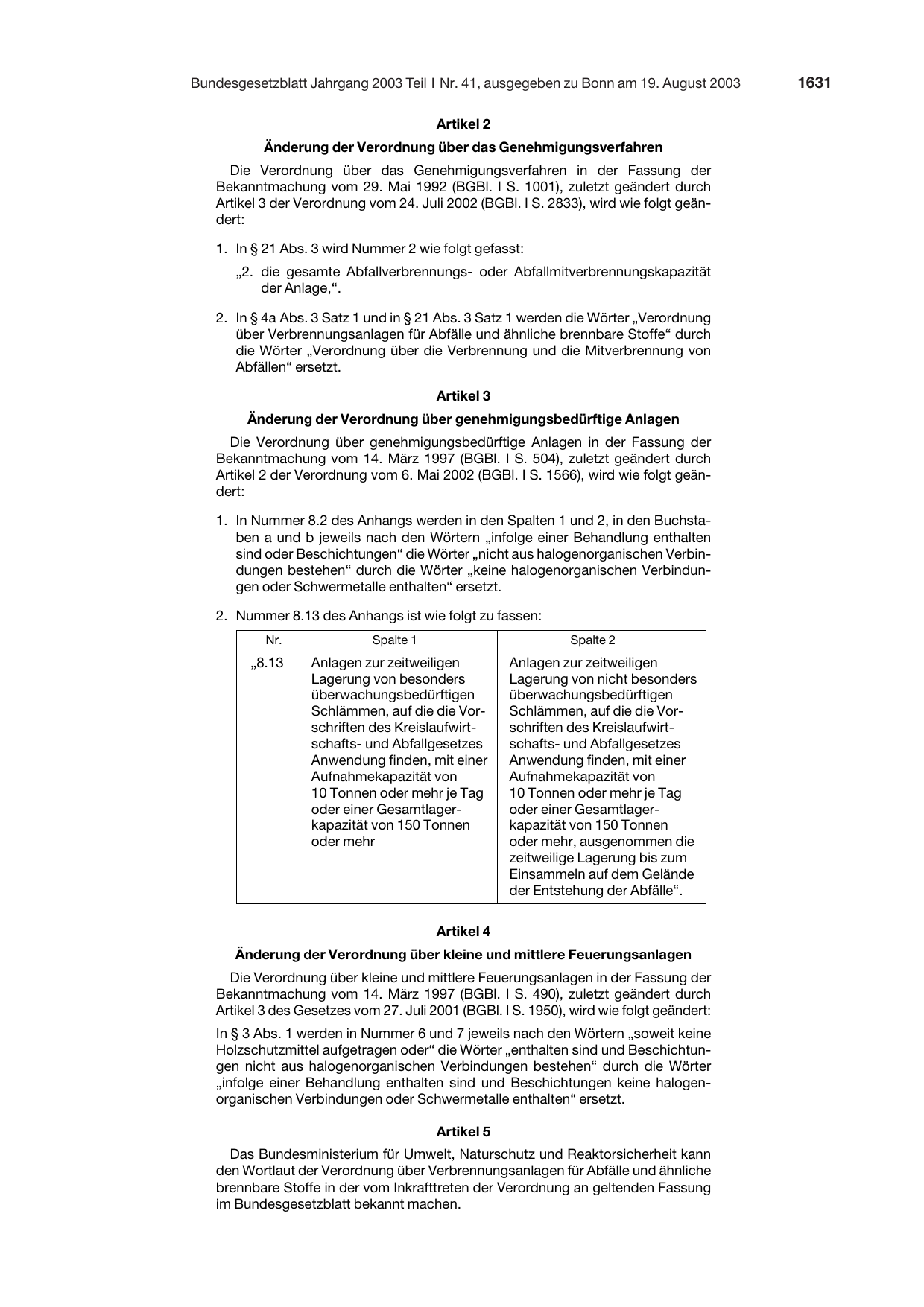 BGBl. 2003, Seite 1631 — Originalseite als Abbildung