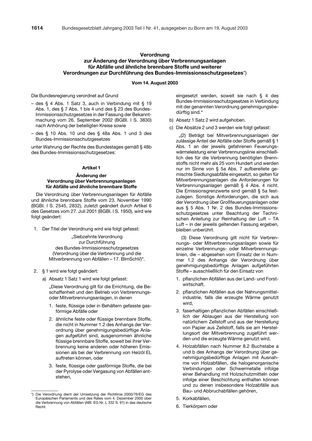 BGBl. 2003, Seite 1614 — Originalseite als Abbildung