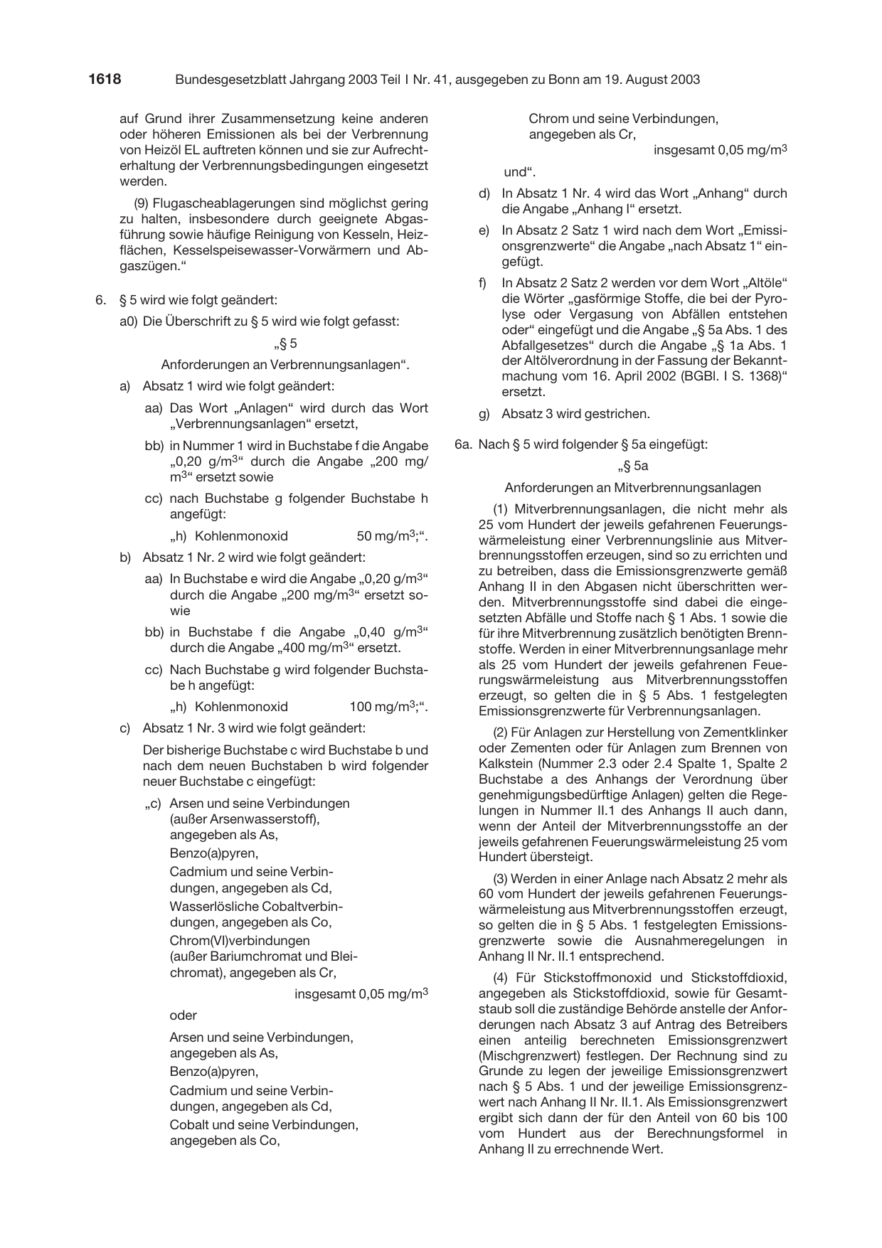 BGBl. 2003, Seite 1618 — Originalseite als Abbildung