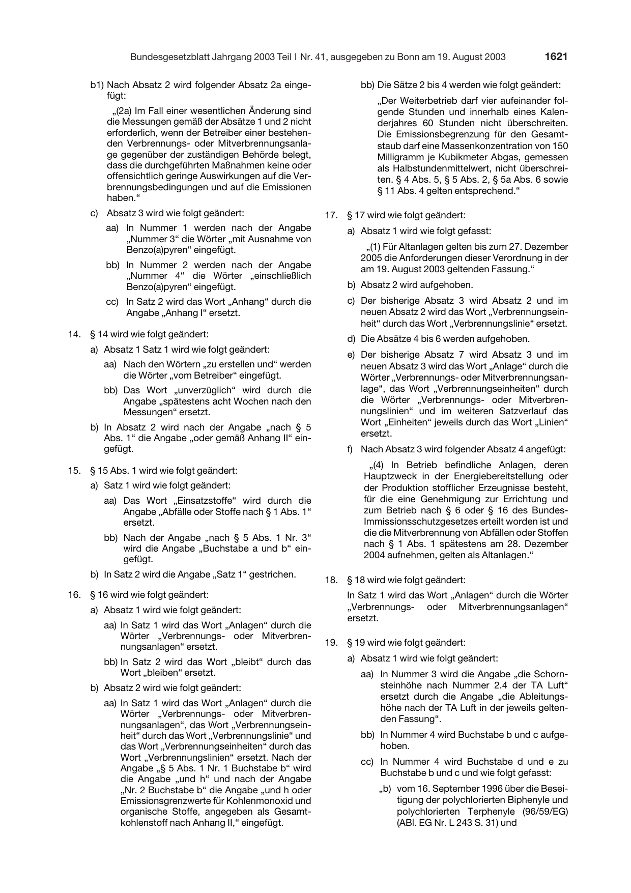 BGBl. 2003, Seite 1621 — Originalseite als Abbildung