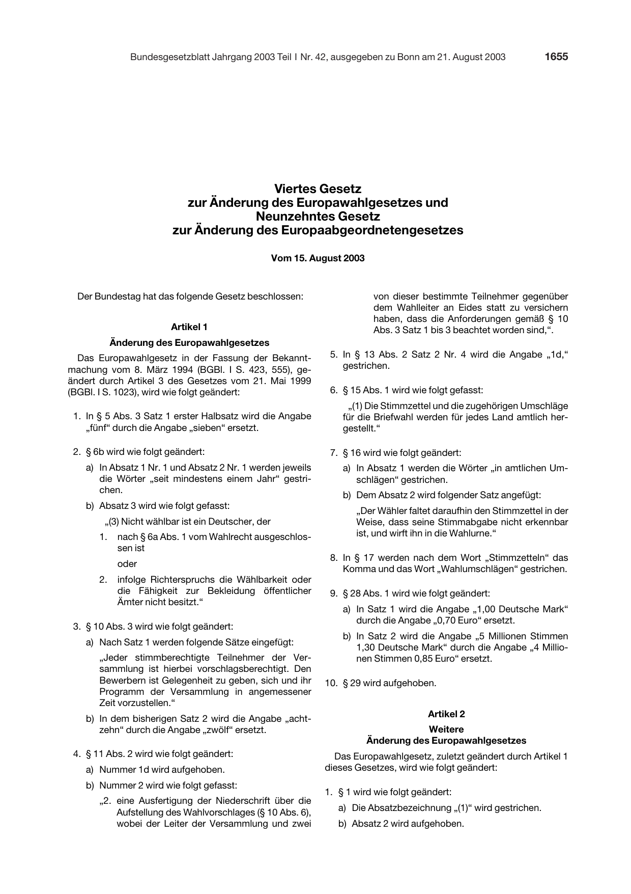 BGBl. 2003, Seite 1655 — Originalseite als Abbildung