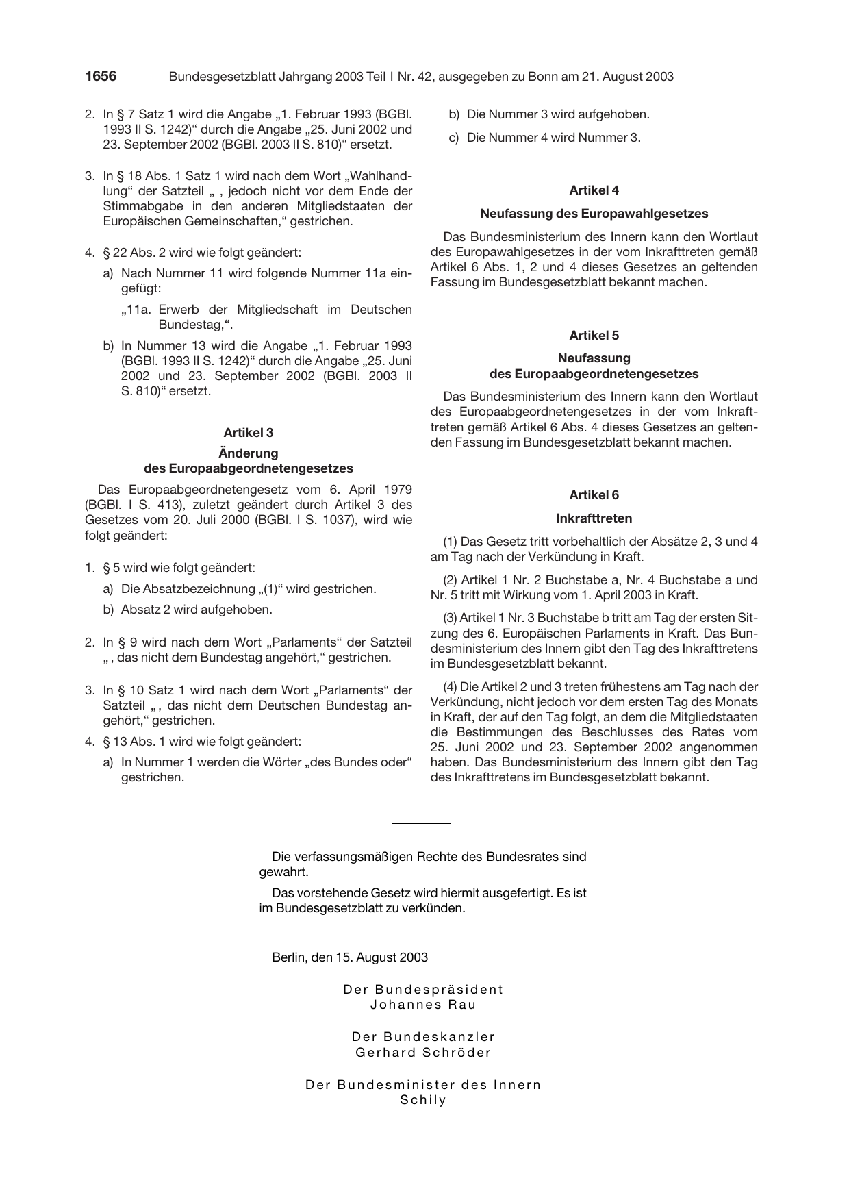 BGBl. 2003, Seite 1656 — Originalseite als Abbildung