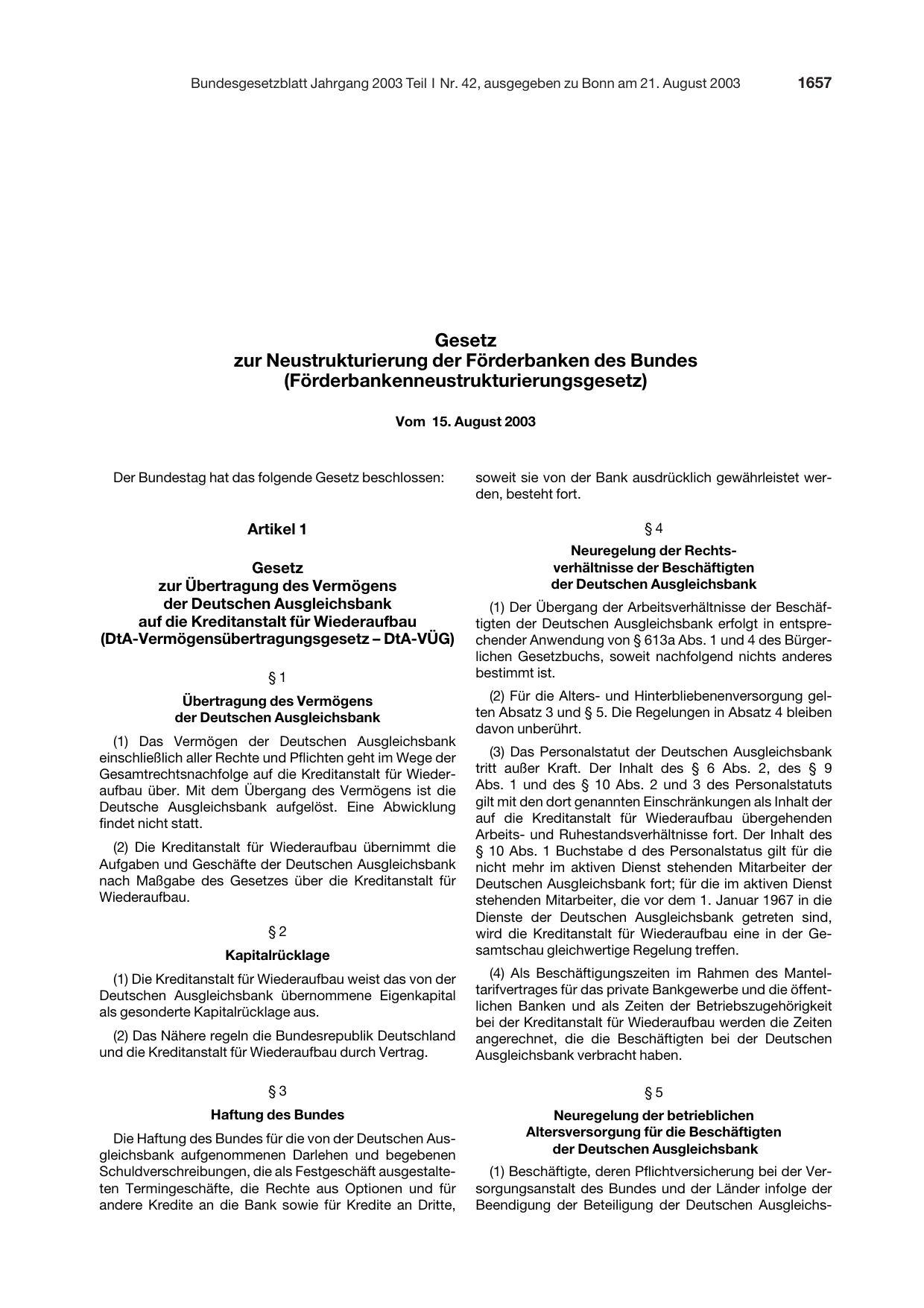 BGBl. 2003, Seite 1657 — Originalseite als Abbildung
