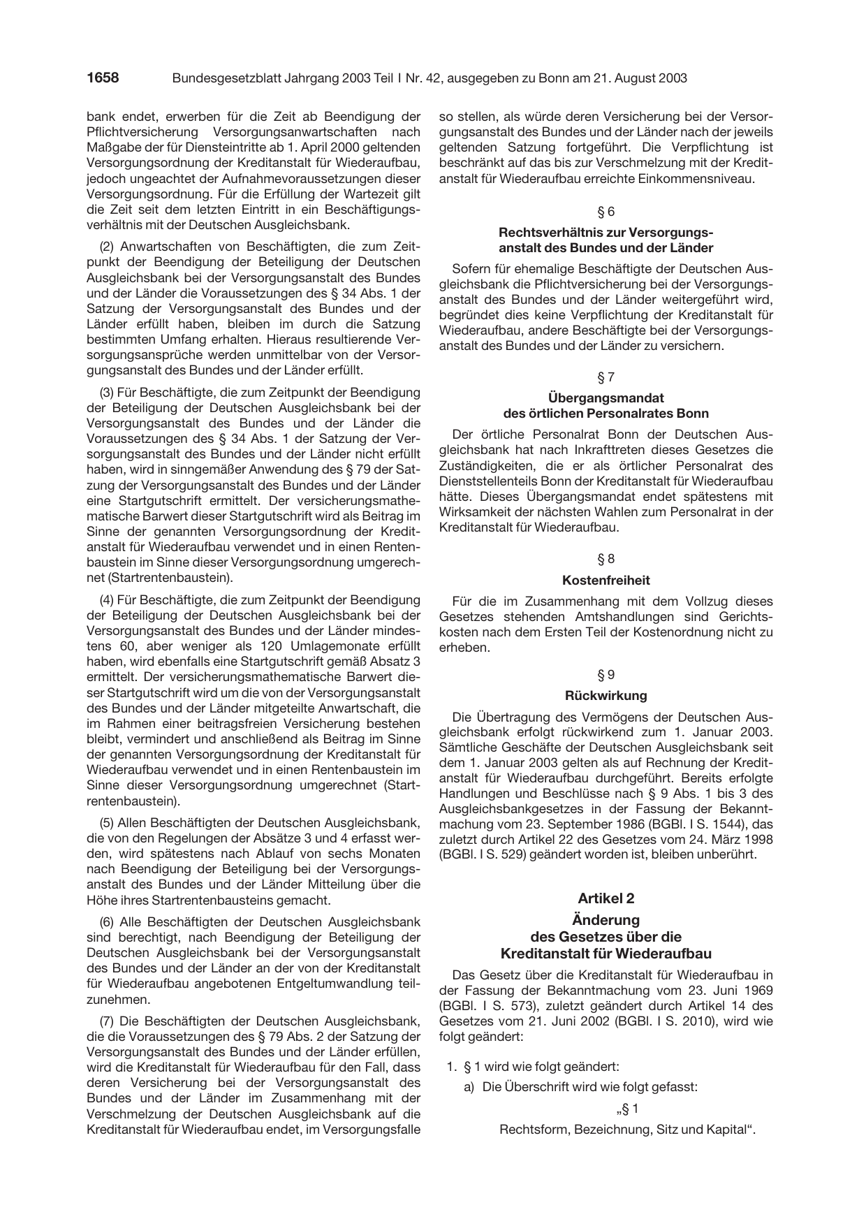 BGBl. 2003, Seite 1658 — Originalseite als Abbildung