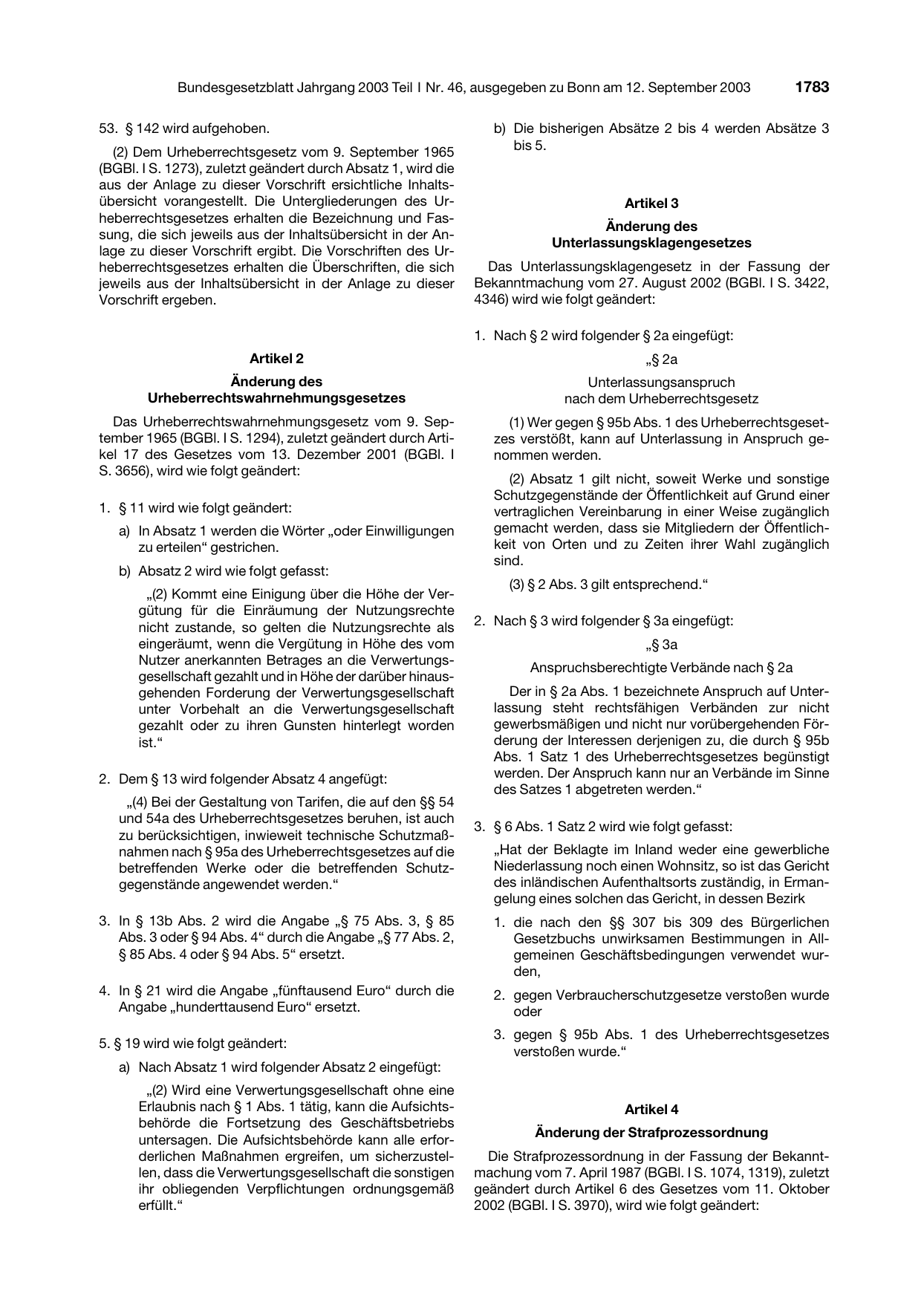 BGBl. 2003, Seite 1783 — Originalseite als Abbildung
