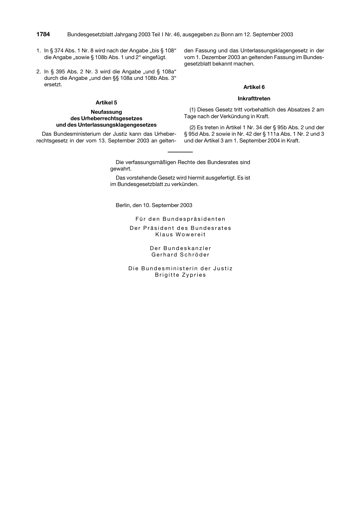 BGBl. 2003, Seite 1784 — Originalseite als Abbildung