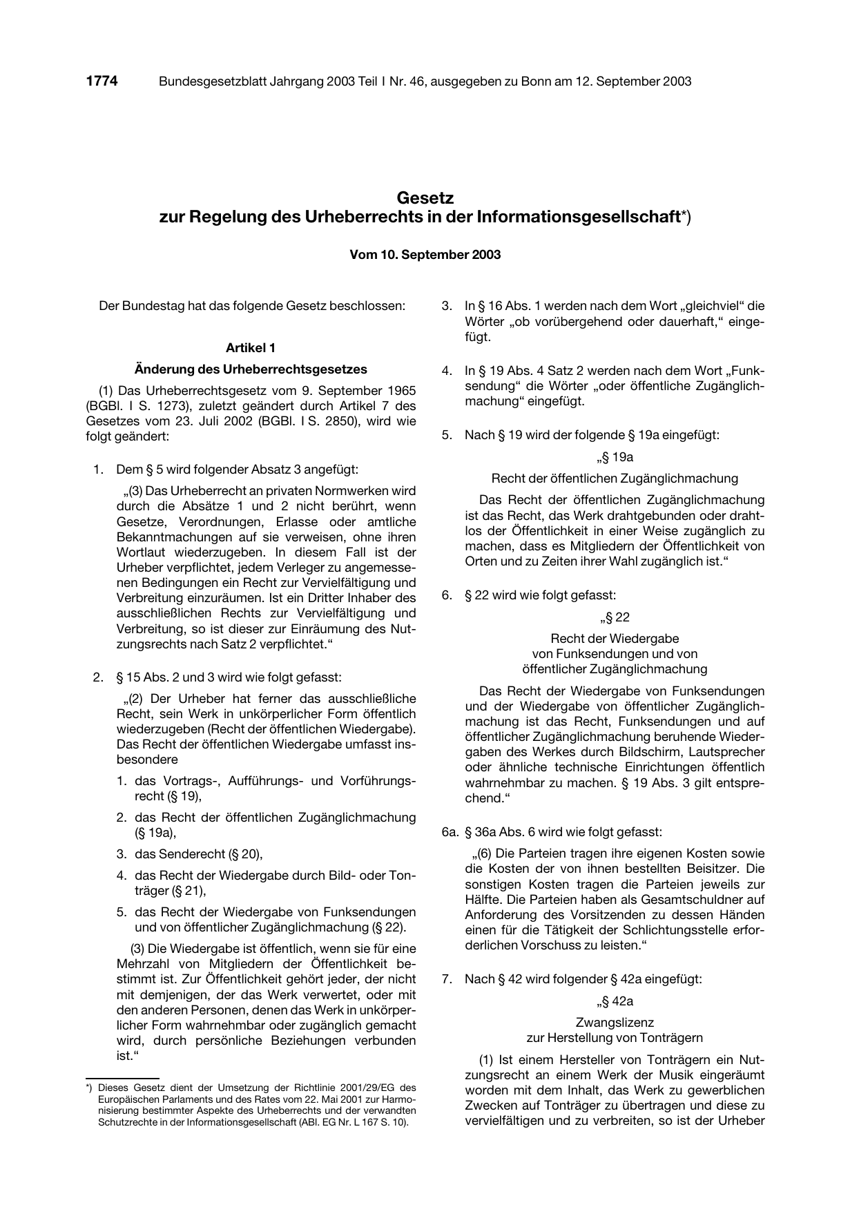 BGBl. 2003, Seite 1774 — Originalseite als Abbildung