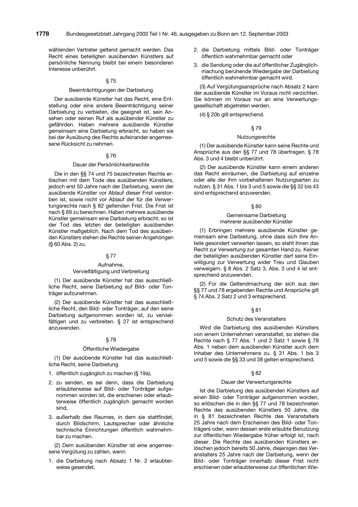BGBl. 2003, Seite 1778 — Originalseite als Abbildung