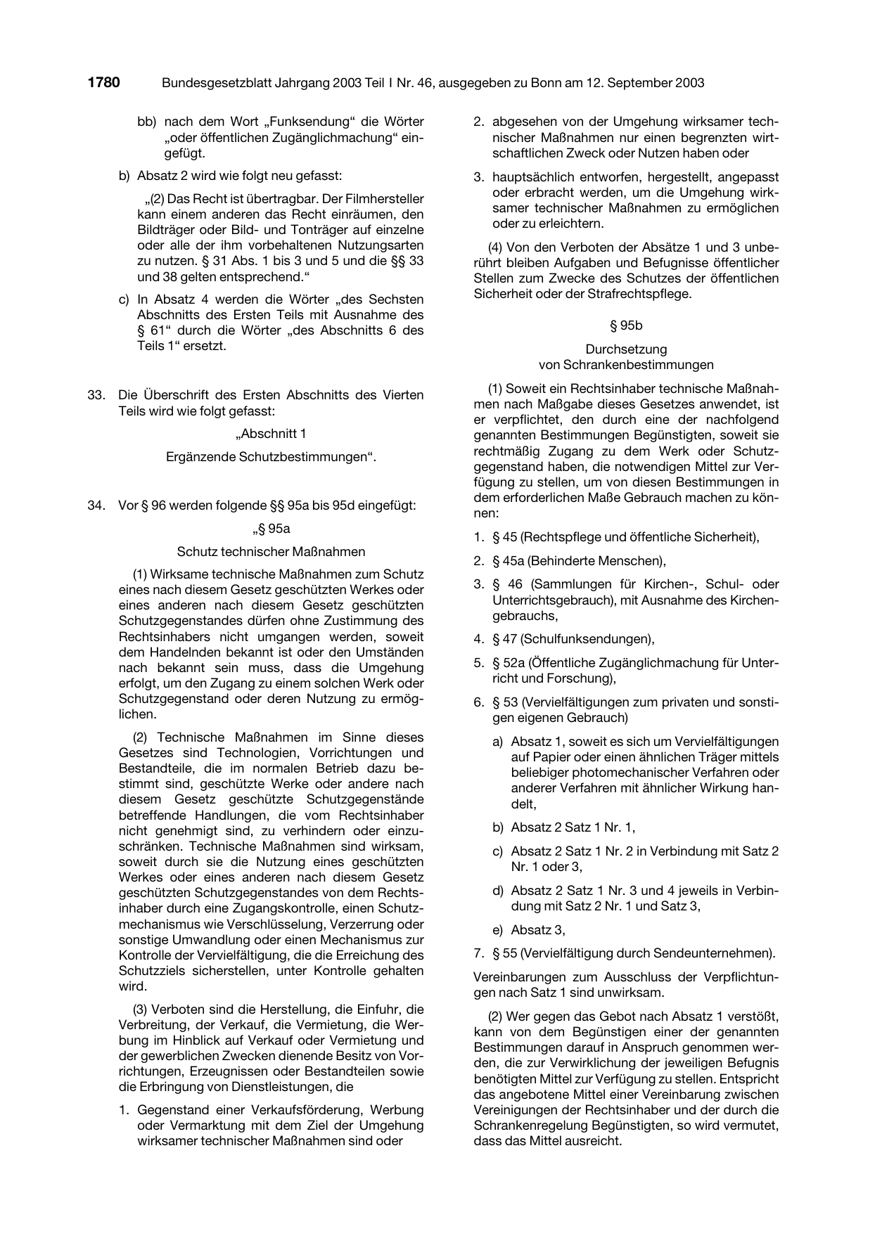 BGBl. 2003, Seite 1780 — Originalseite als Abbildung