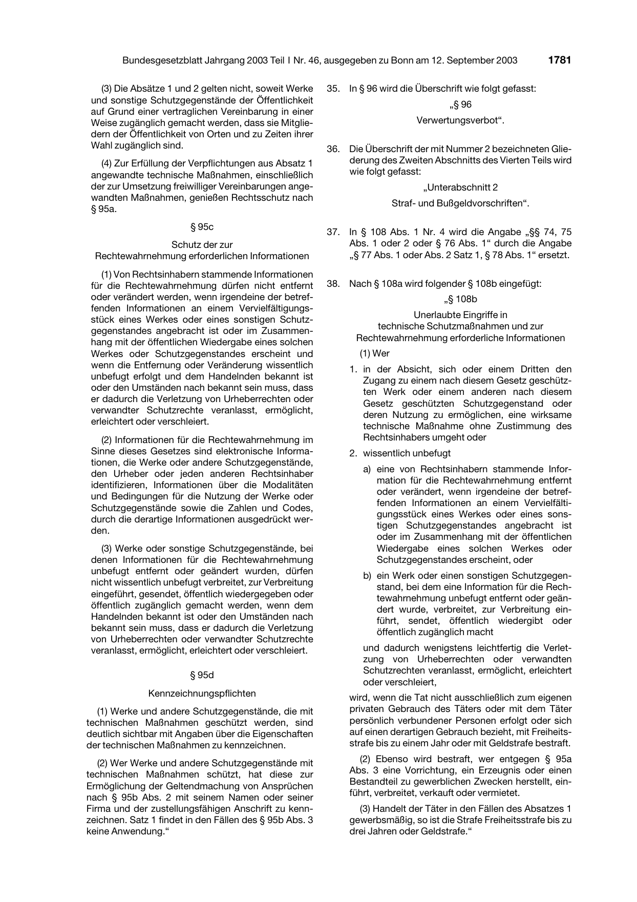 BGBl. 2003, Seite 1781 — Originalseite als Abbildung