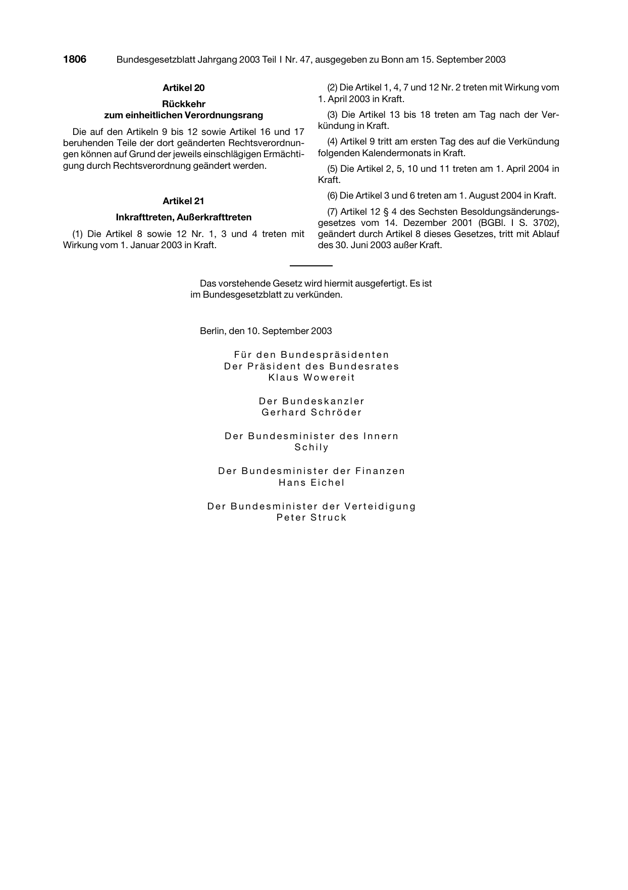BGBl. 2003, Seite 1806 — Originalseite als Abbildung
