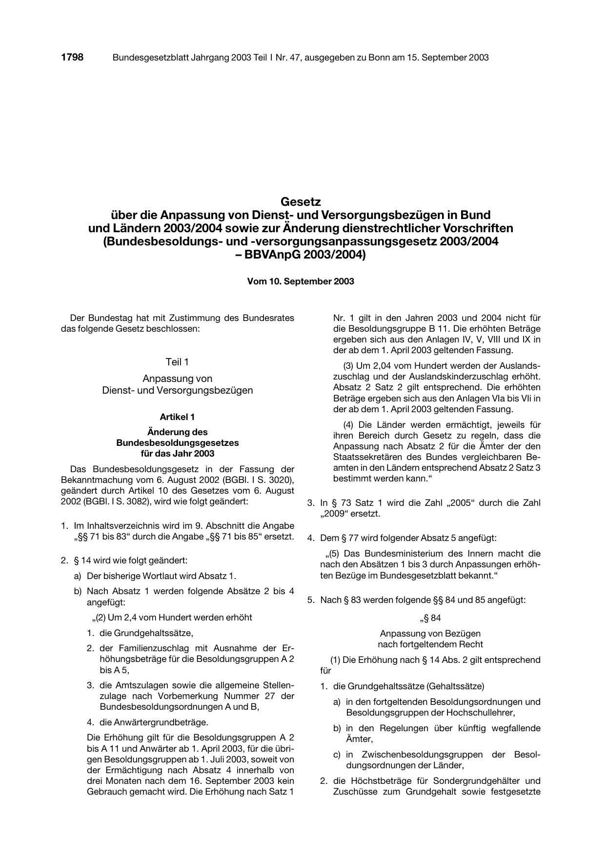 BGBl. 2003, Seite 1798 — Originalseite als Abbildung