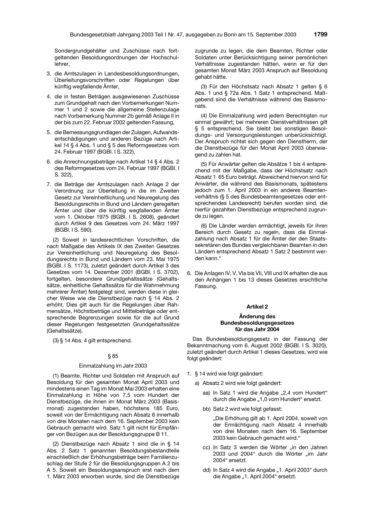BGBl. 2003, Seite 1799 — Originalseite als Abbildung