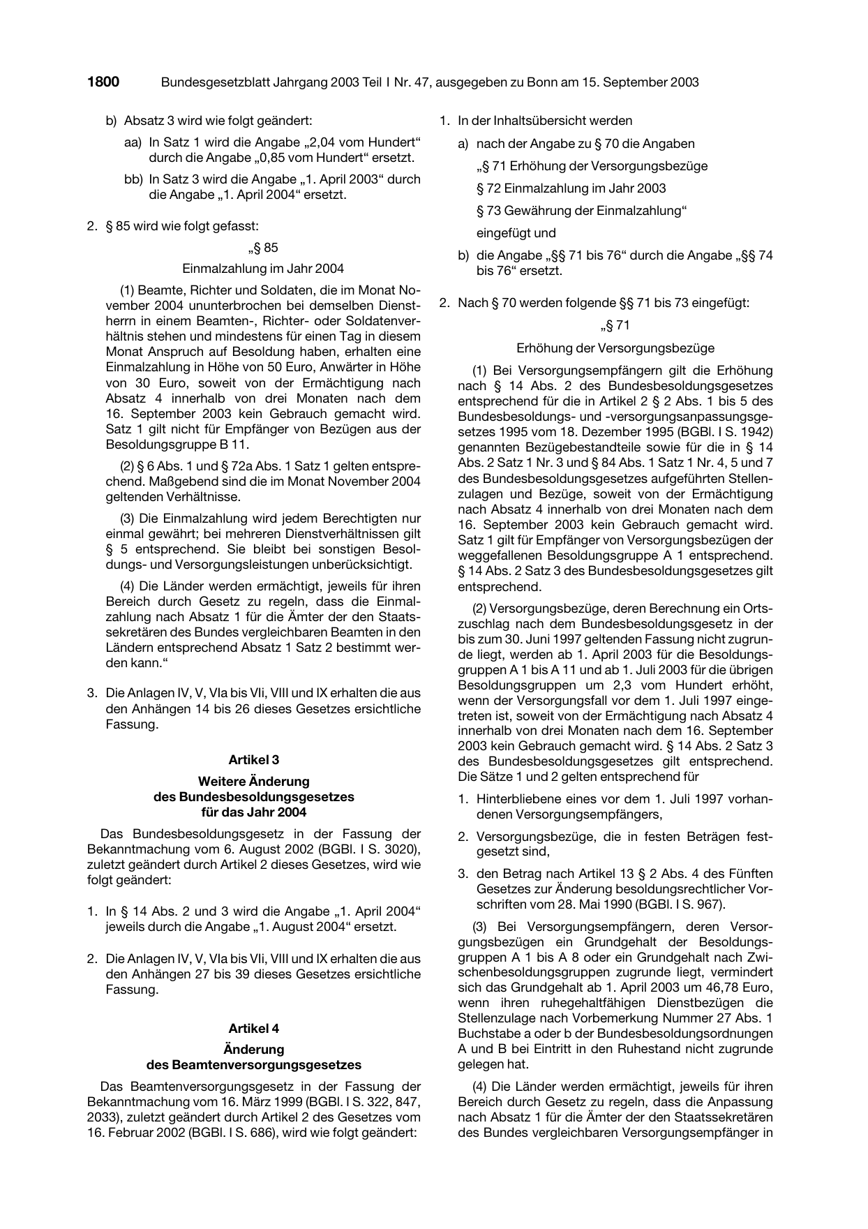 BGBl. 2003, Seite 1800 — Originalseite als Abbildung