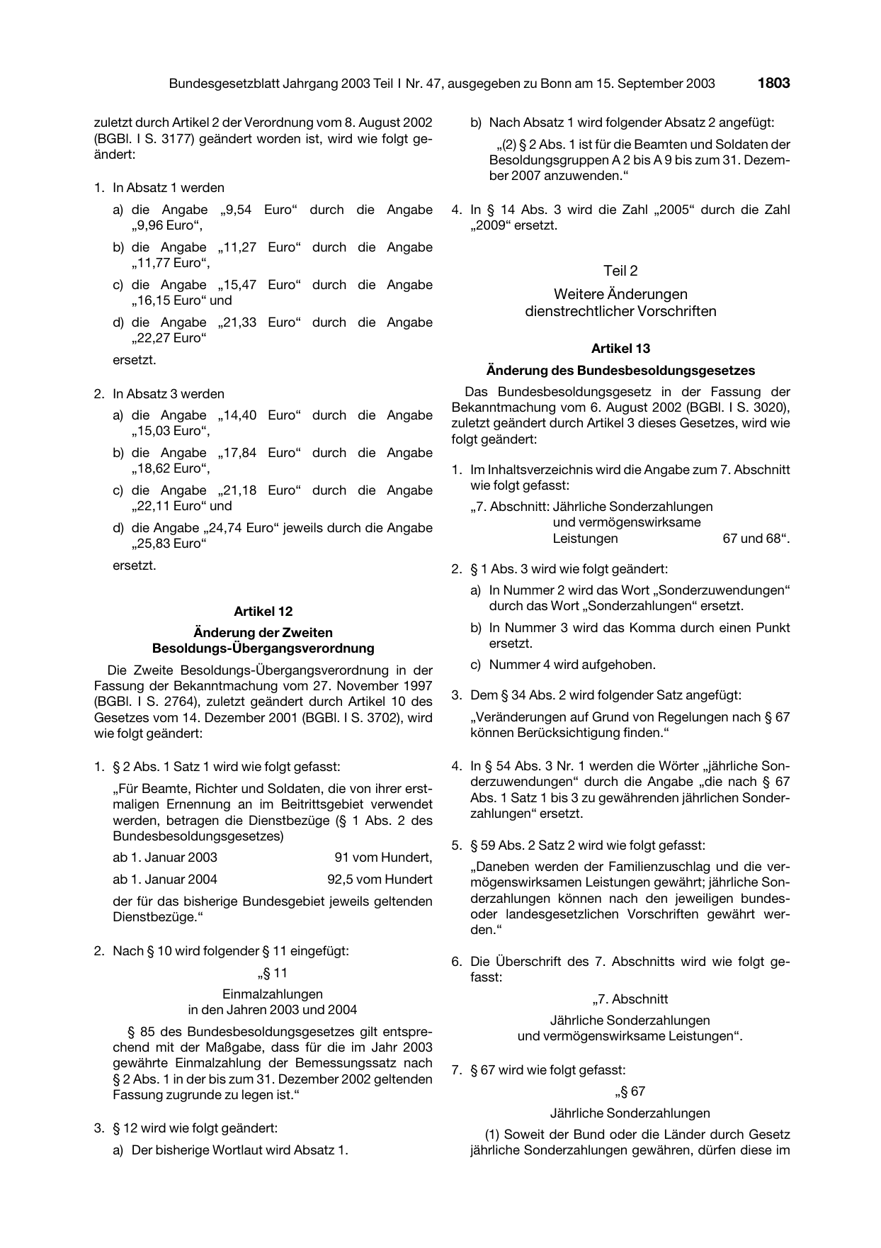 BGBl. 2003, Seite 1803 — Originalseite als Abbildung