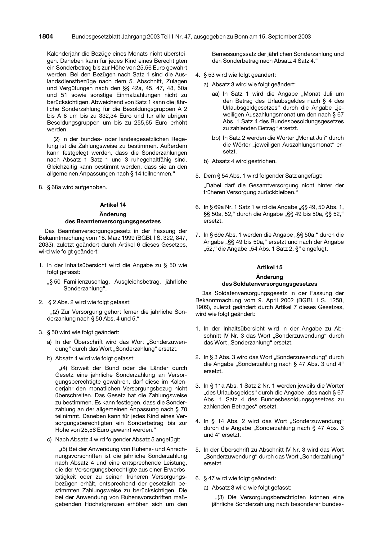 BGBl. 2003, Seite 1804 — Originalseite als Abbildung