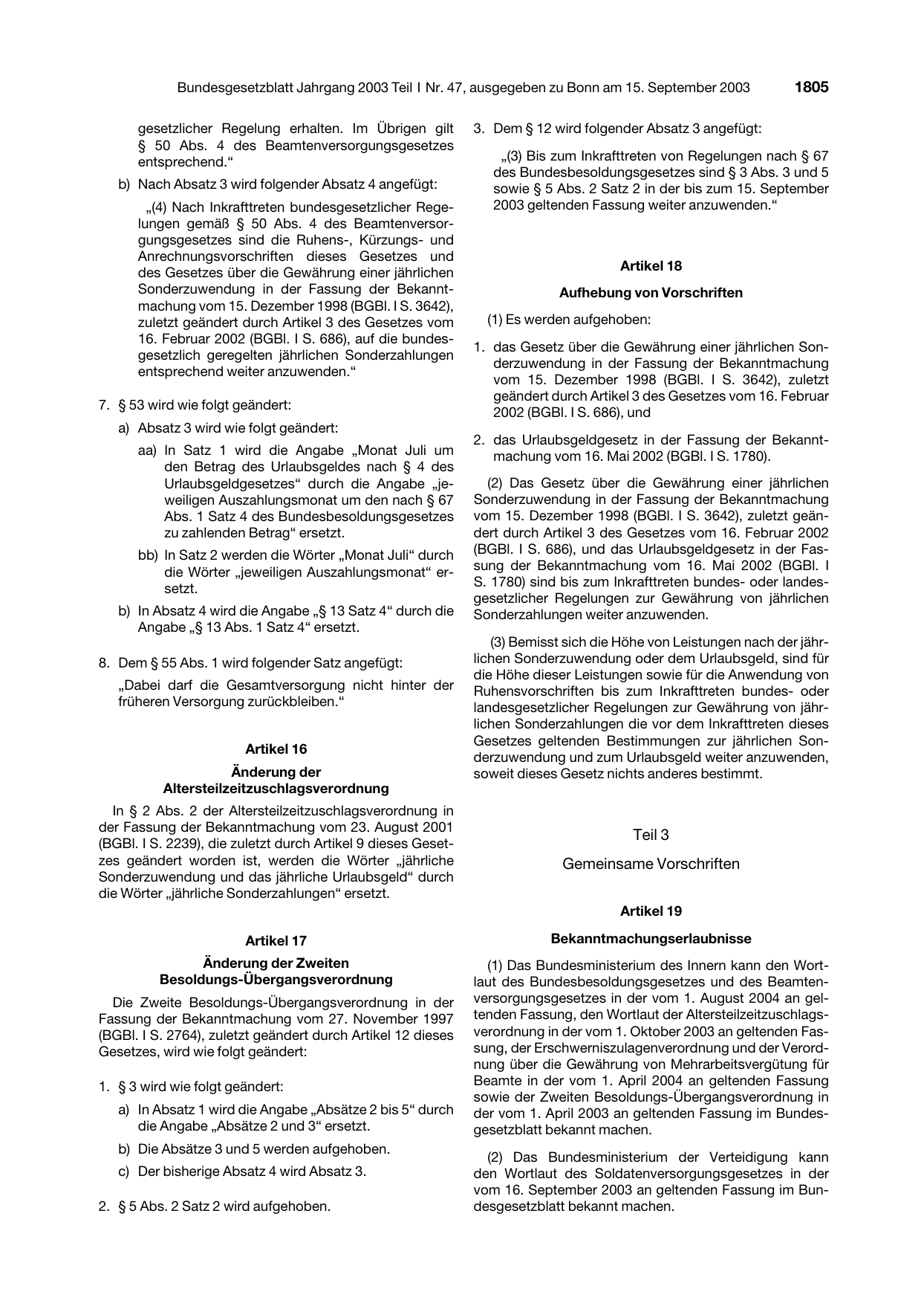 BGBl. 2003, Seite 1805 — Originalseite als Abbildung