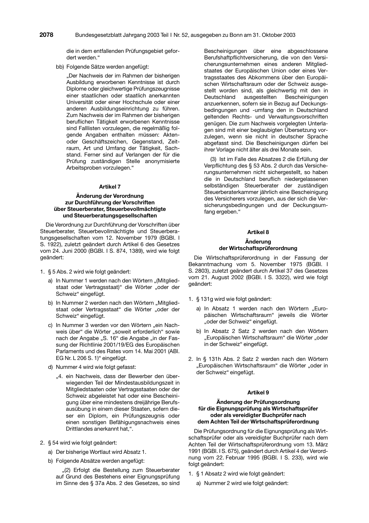 BGBl. 2003, Seite 2078 — Originalseite als Abbildung