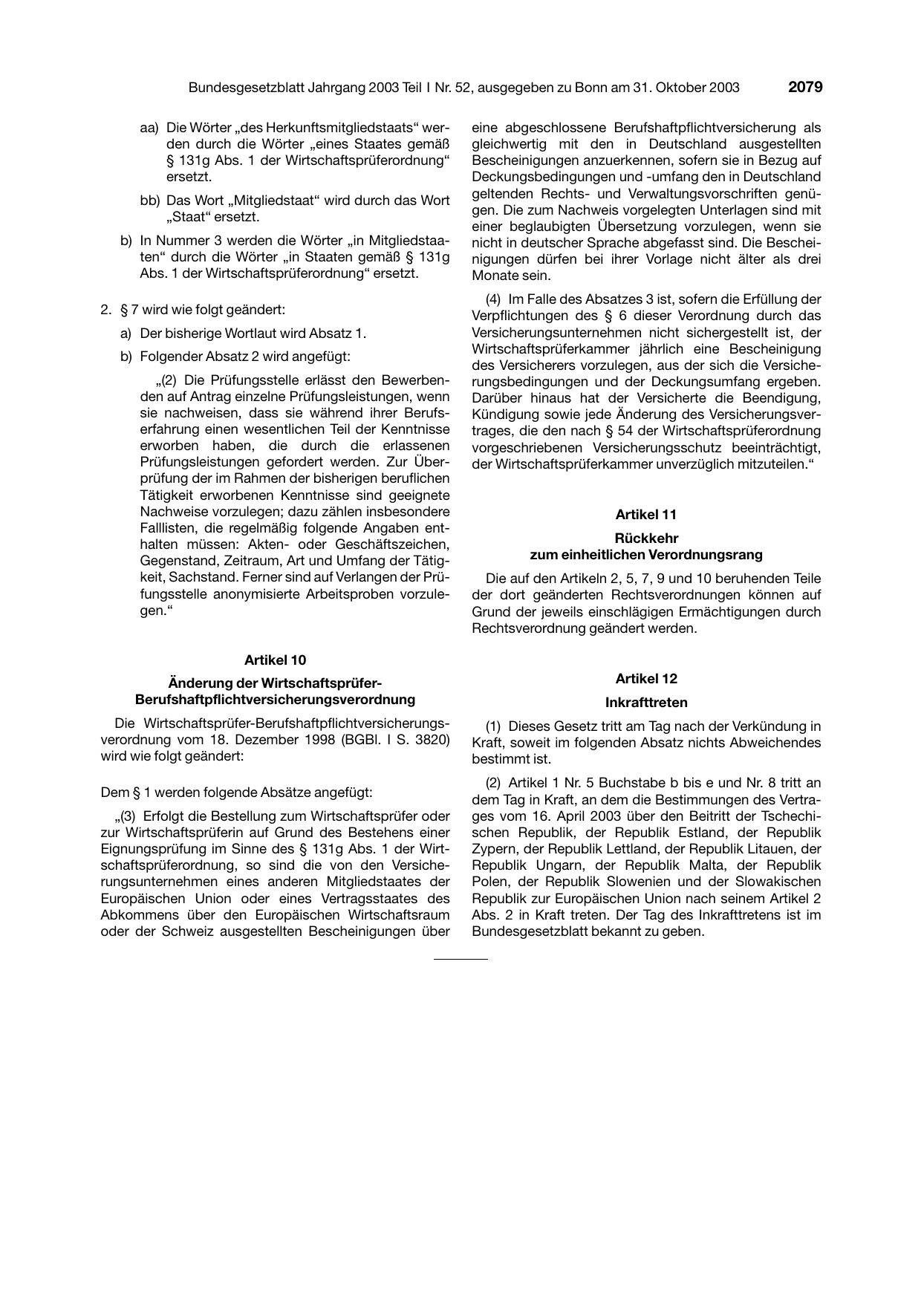 BGBl. 2003, Seite 2079 — Originalseite als Abbildung