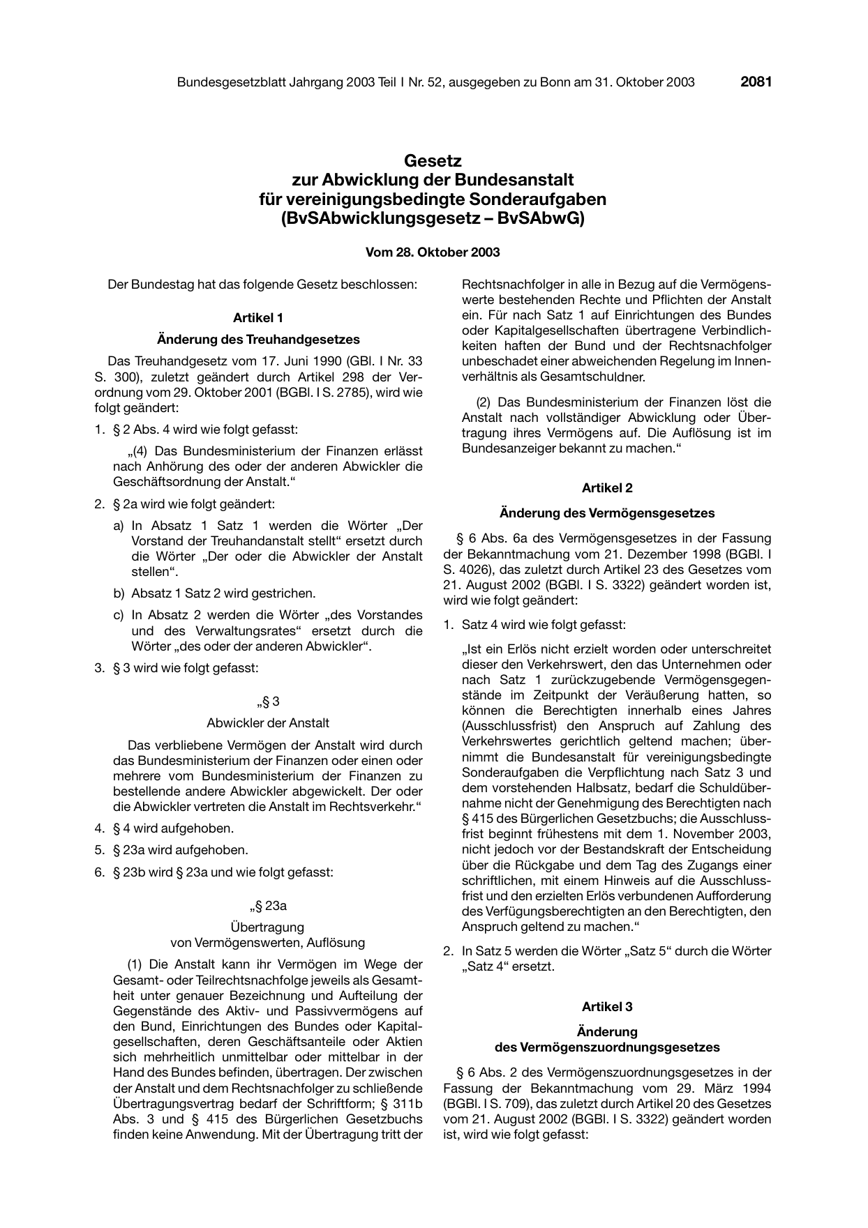 BGBl. 2003, Seite 2081 — Originalseite als Abbildung