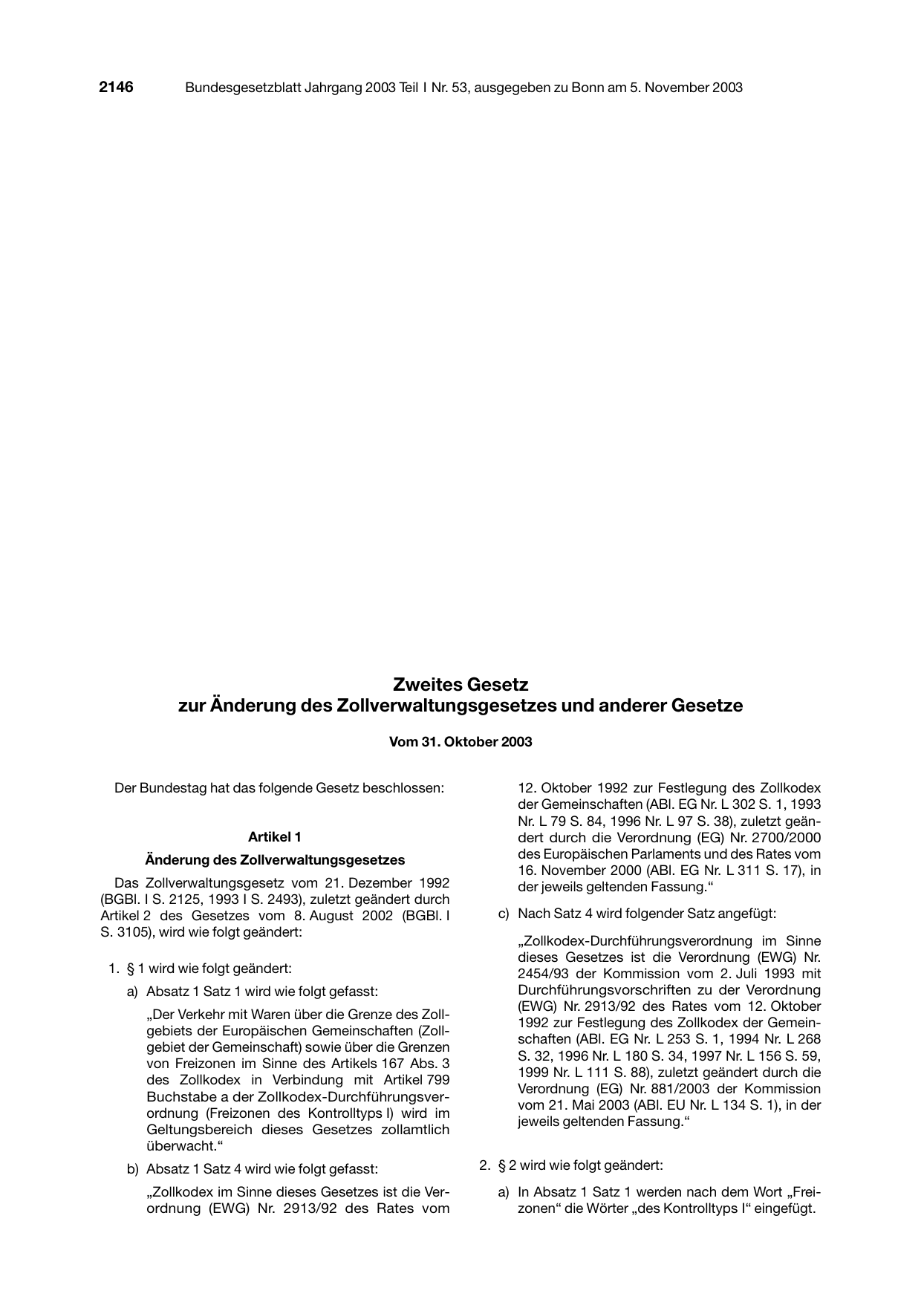 BGBl. 2003, Seite 2146 — Originalseite als Abbildung