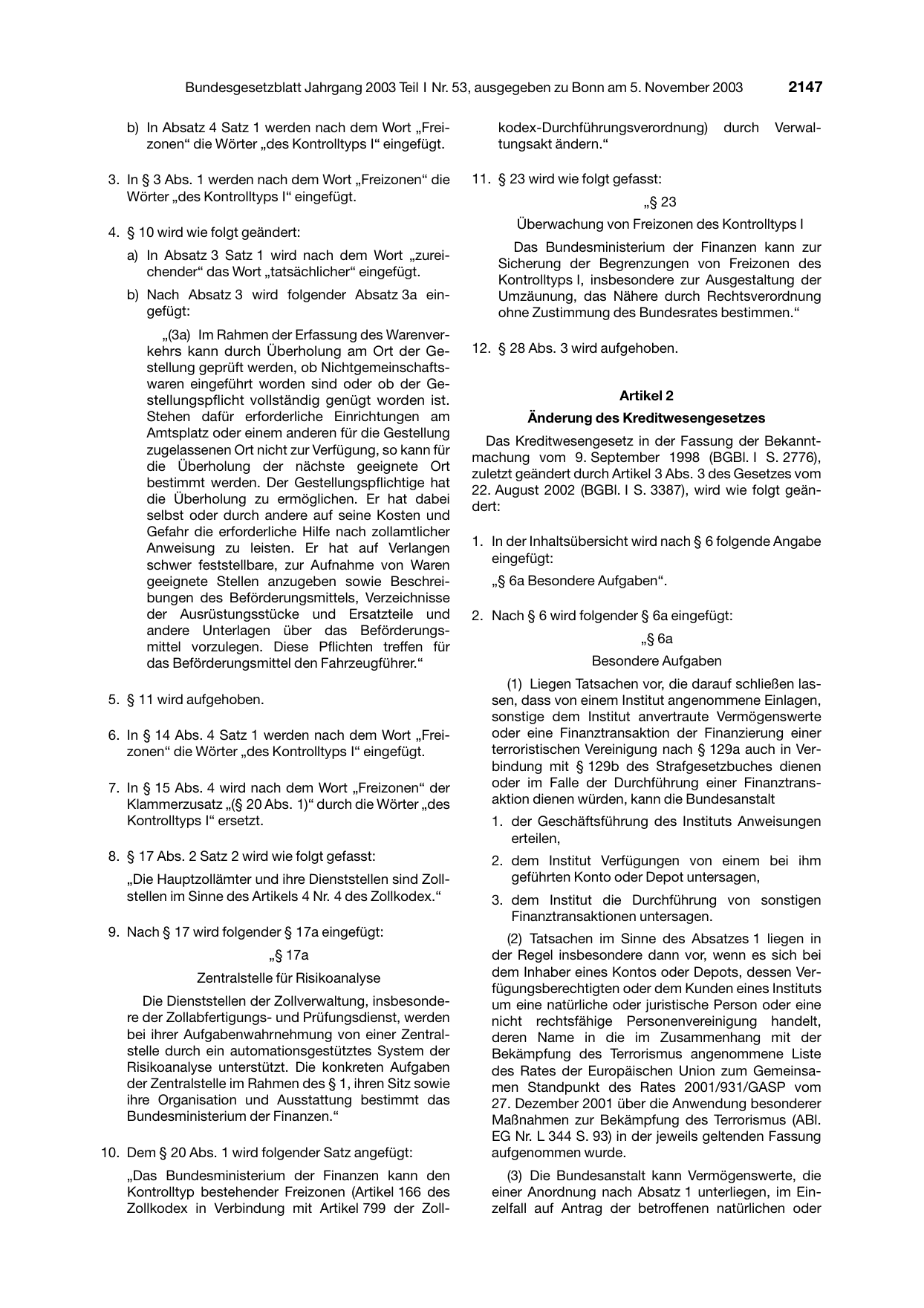 BGBl. 2003, Seite 2147 — Originalseite als Abbildung