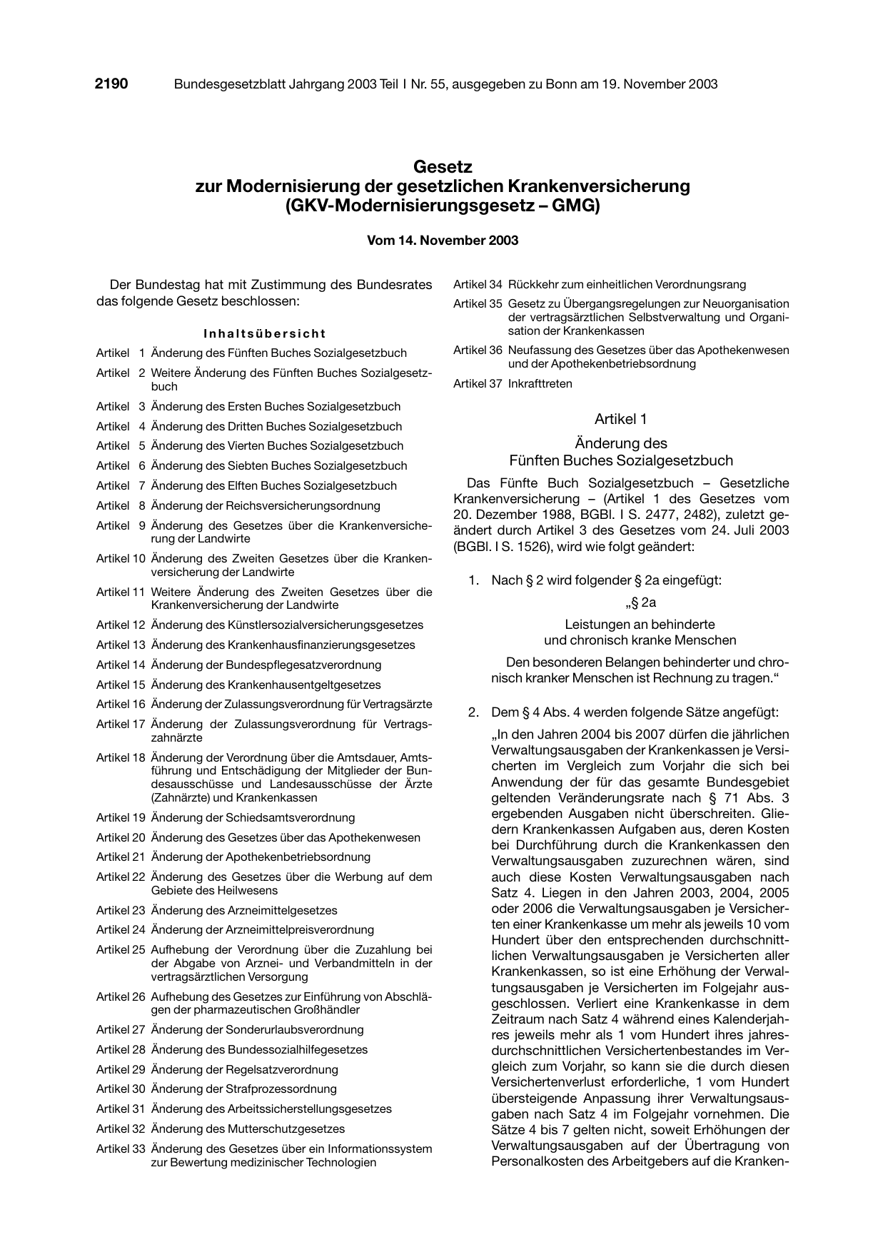 BGBl. 2003, Seite 2190 — Originalseite als Abbildung
