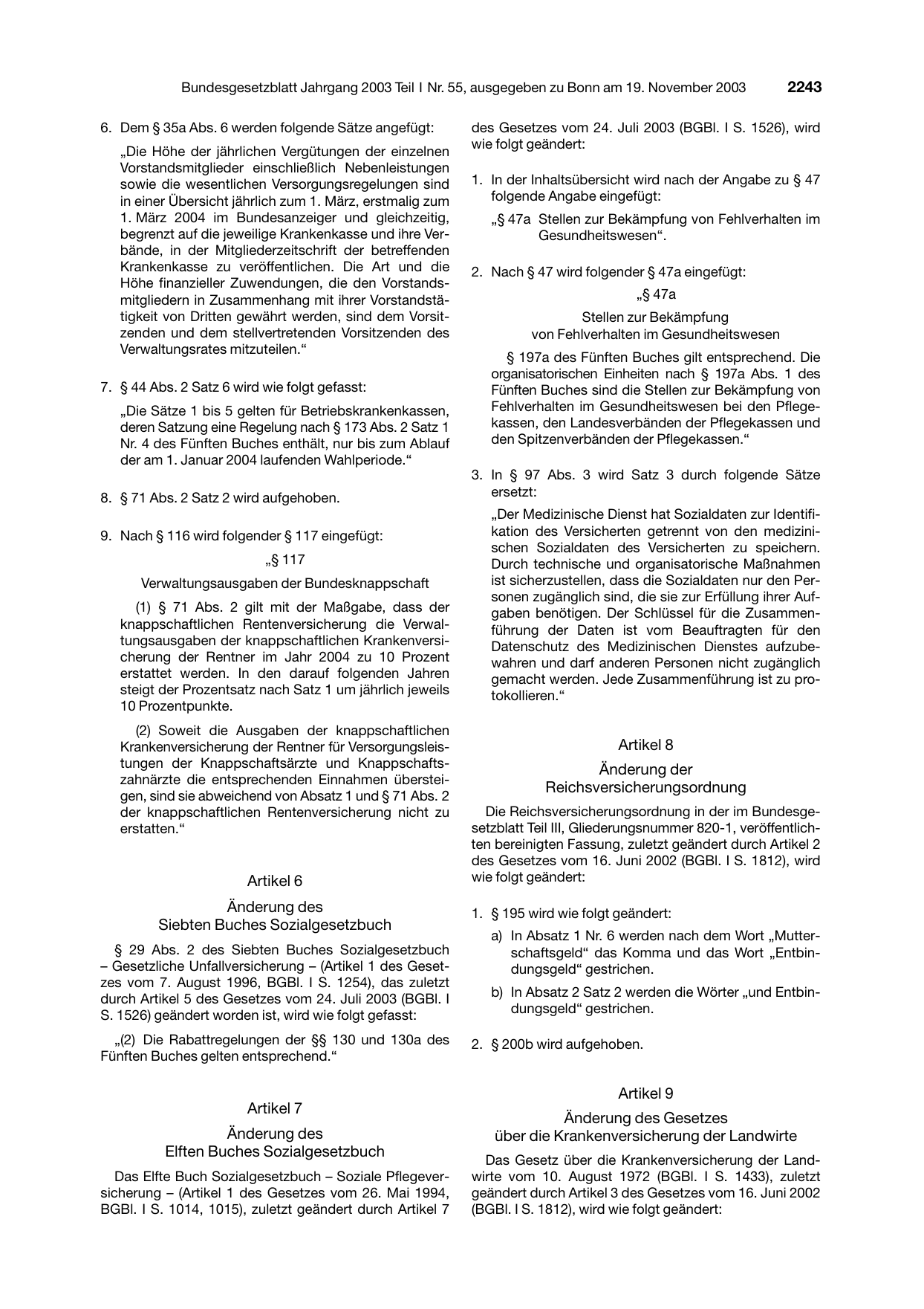 BGBl. 2003, Seite 2243 — Originalseite als Abbildung