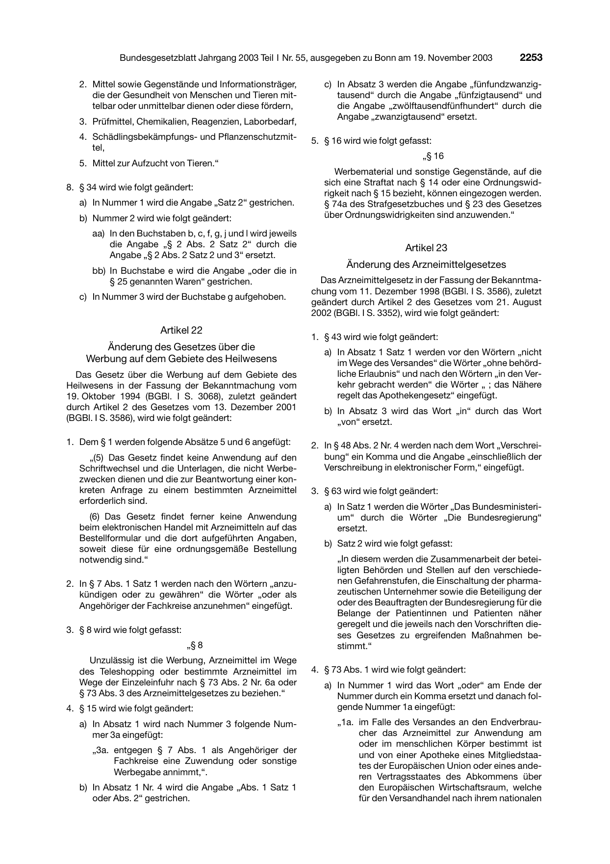 BGBl. 2003, Seite 2253 — Originalseite als Abbildung