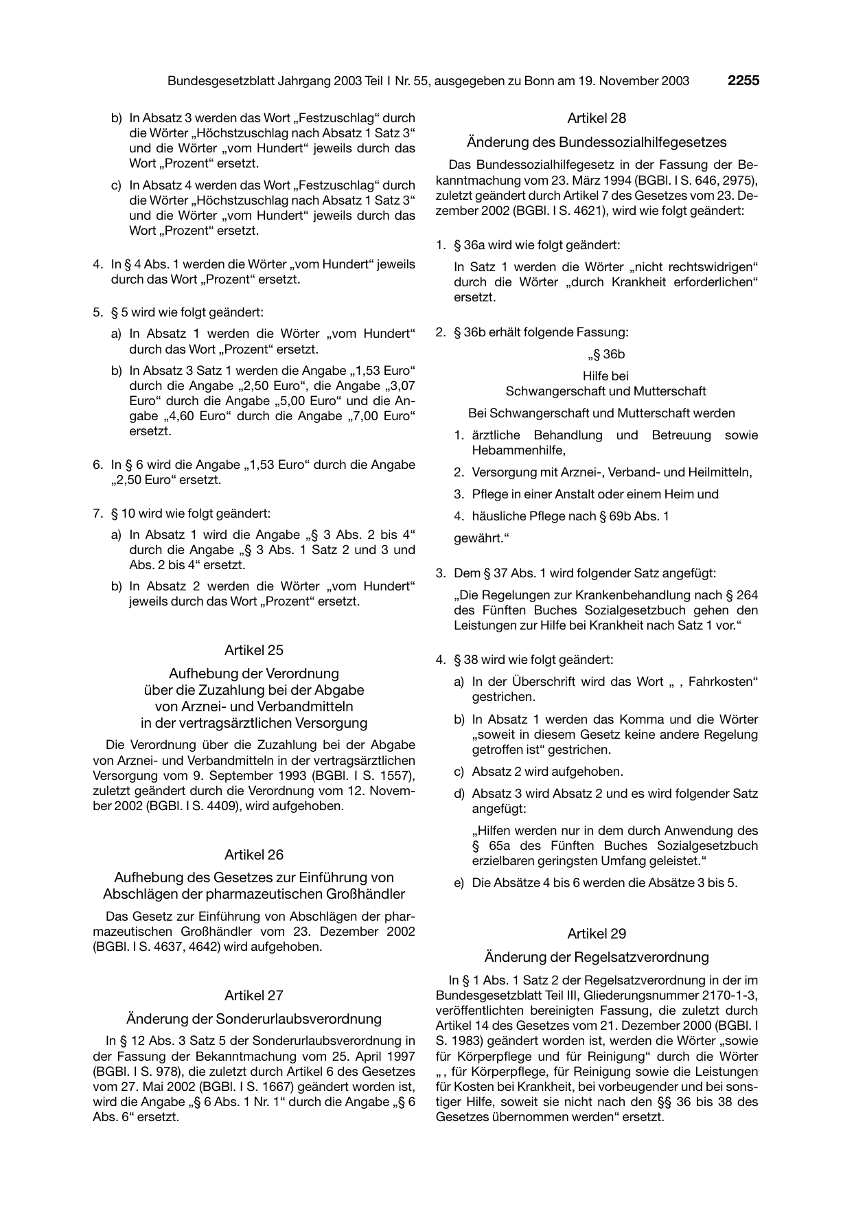 BGBl. 2003, Seite 2255 — Originalseite als Abbildung