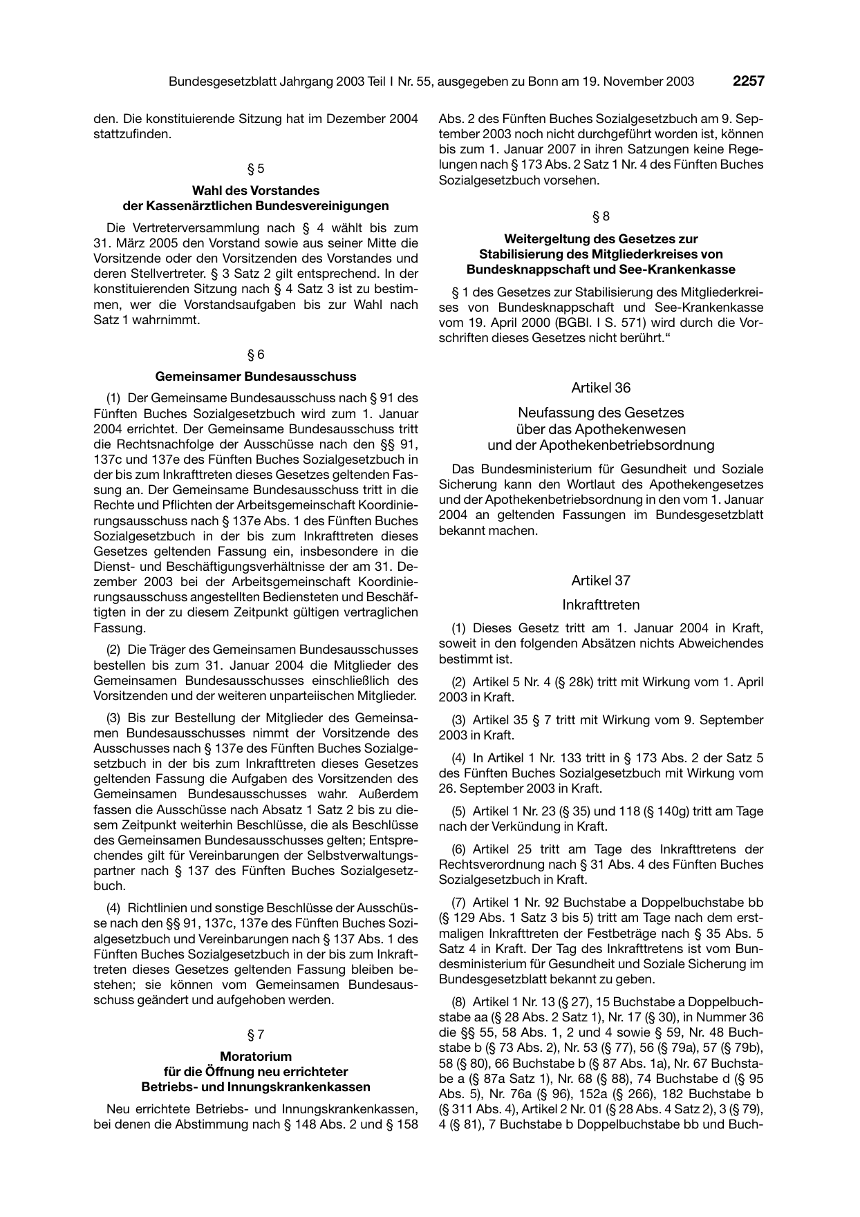 BGBl. 2003, Seite 2257 — Originalseite als Abbildung
