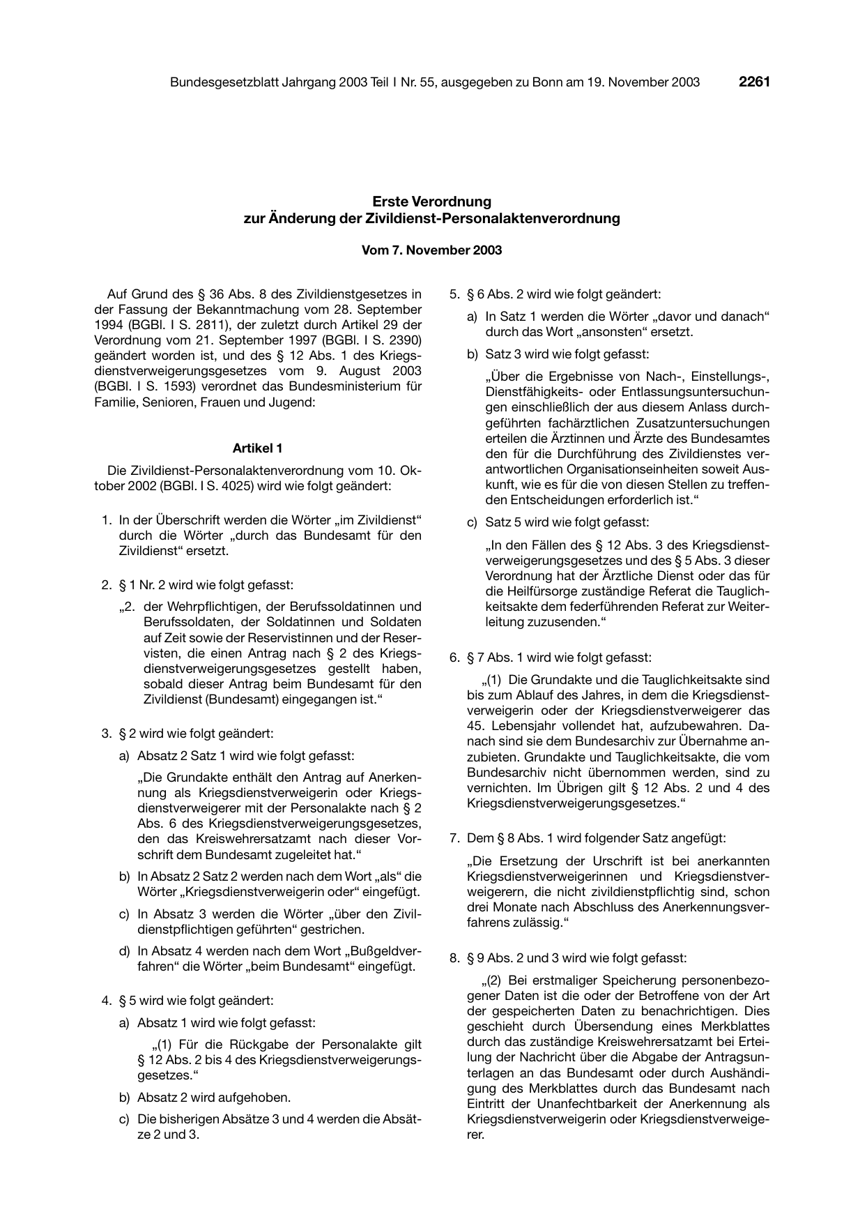 BGBl. 2003, Seite 2261 — Originalseite als Abbildung