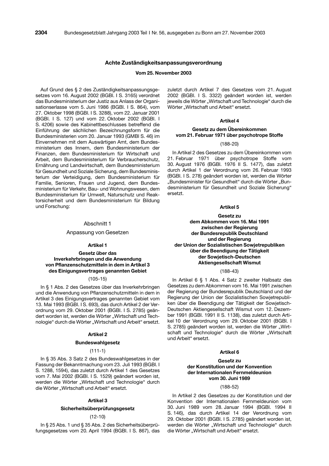 BGBl. 2003, Seite 2304 — Originalseite als Abbildung