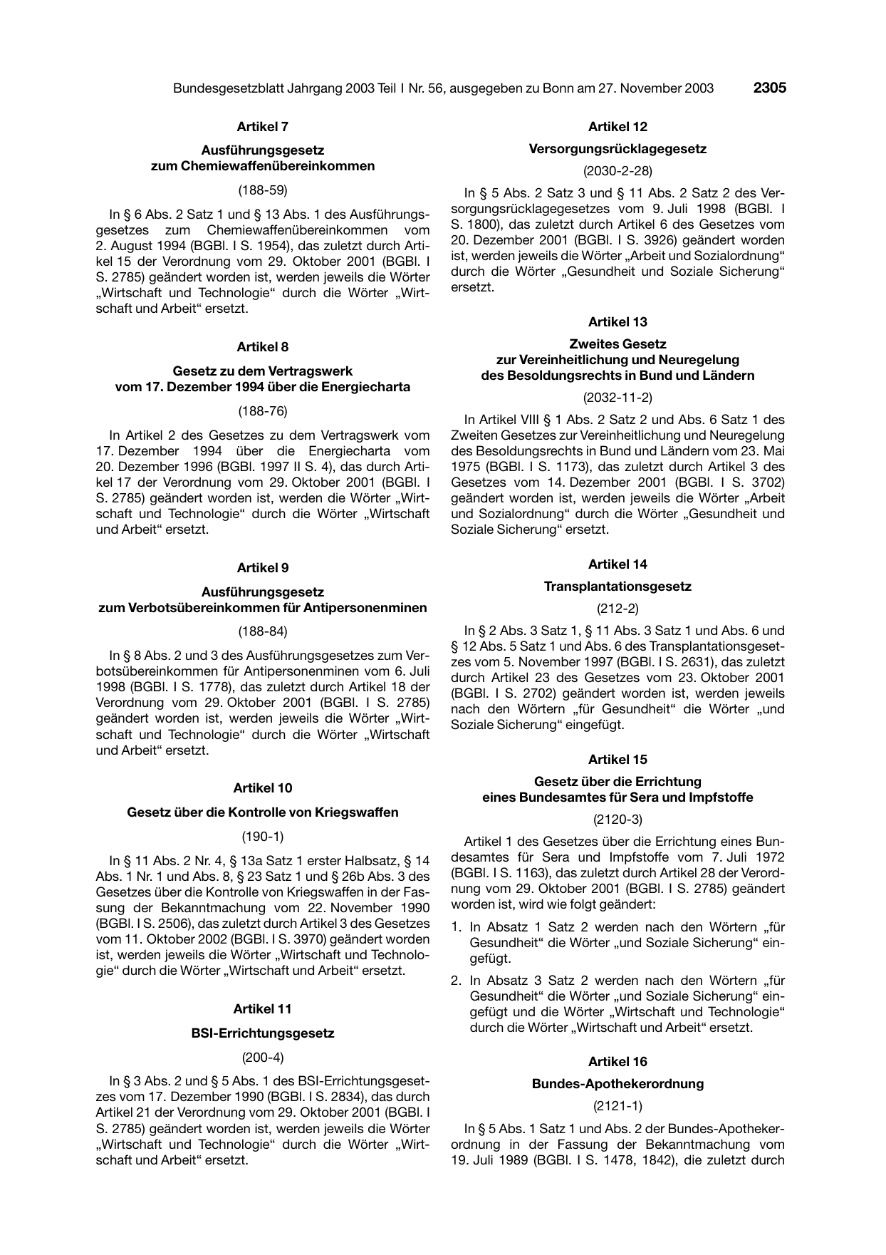 BGBl. 2003, Seite 2305 — Originalseite als Abbildung