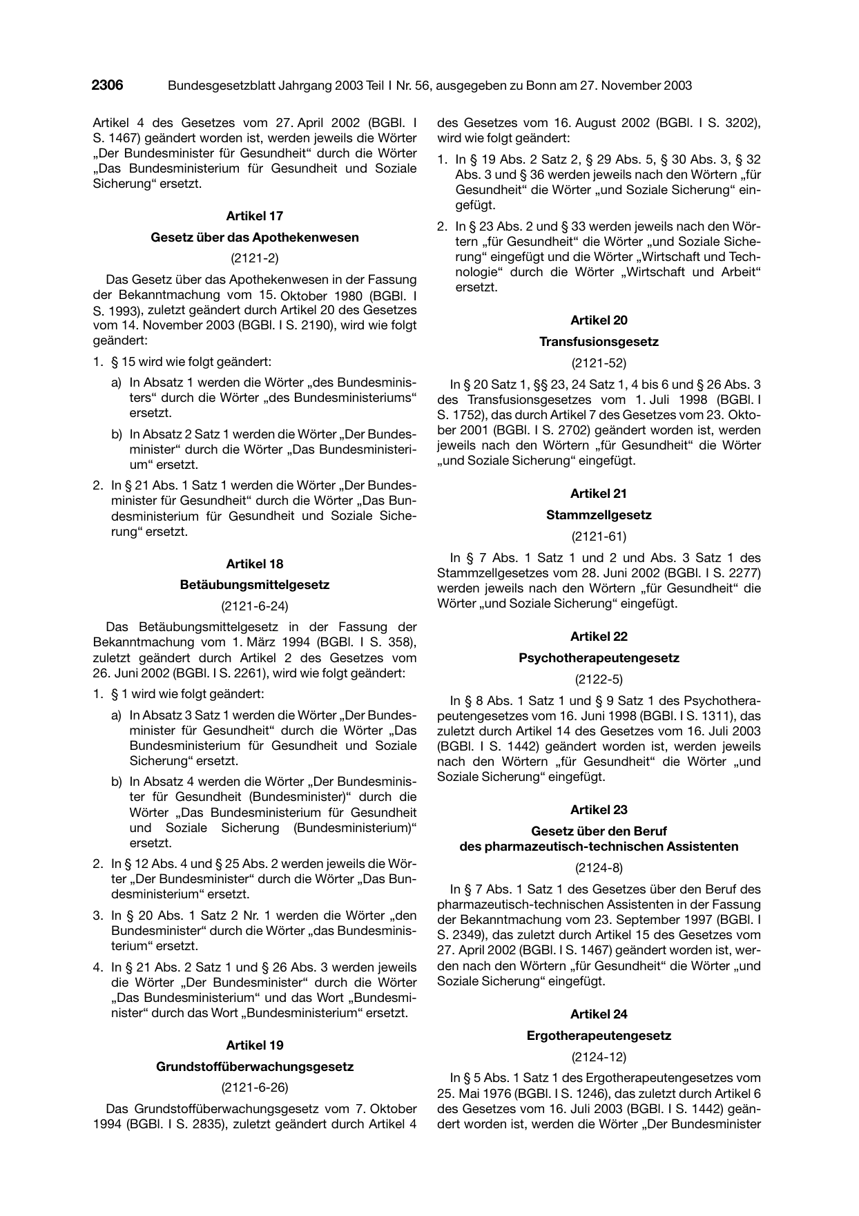 BGBl. 2003, Seite 2306 — Originalseite als Abbildung