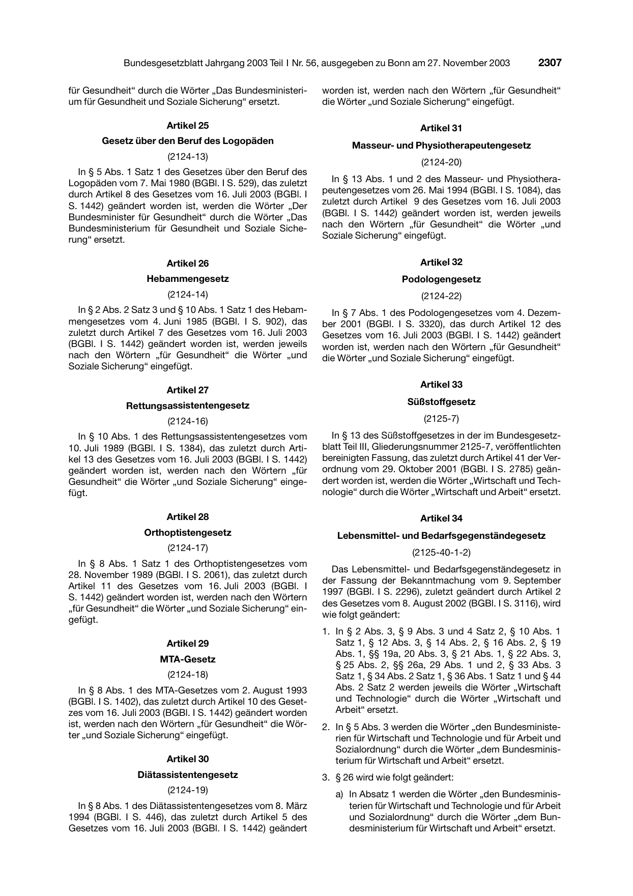 BGBl. 2003, Seite 2307 — Originalseite als Abbildung