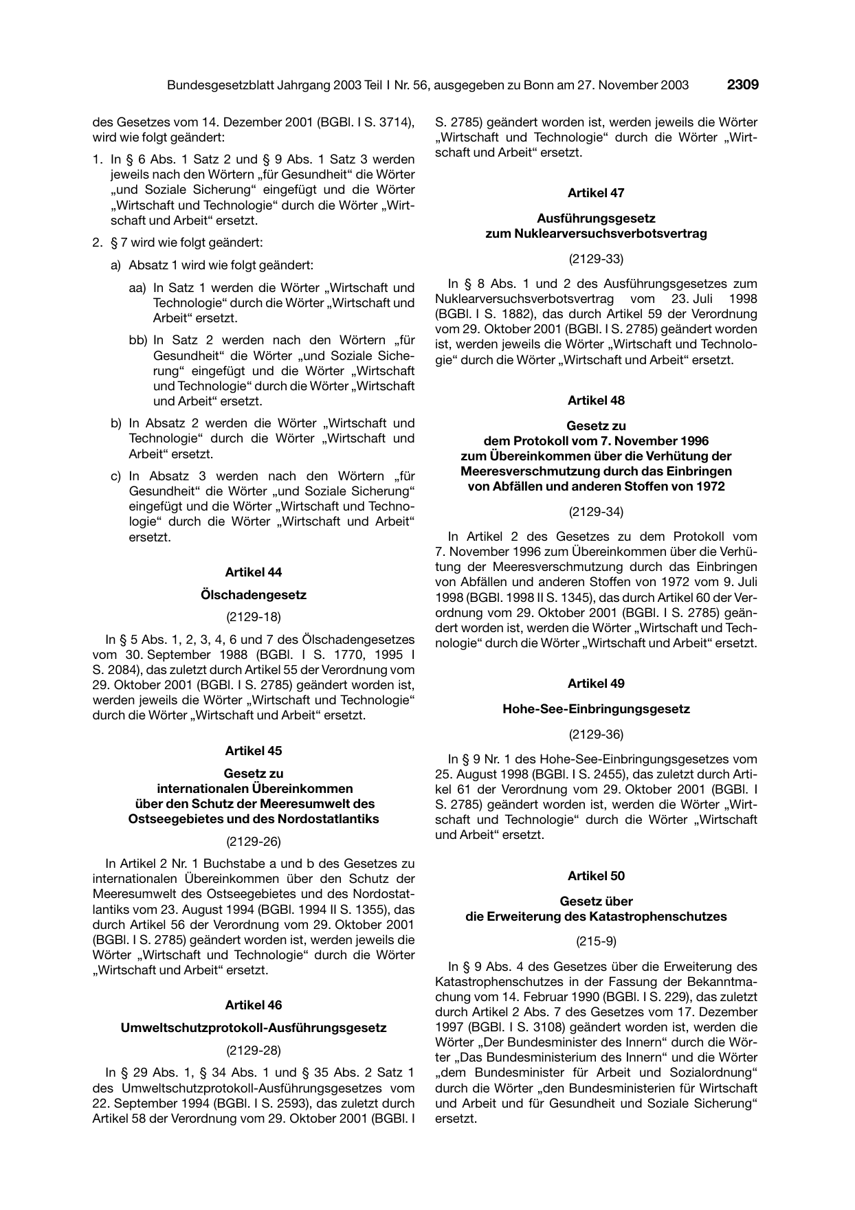 BGBl. 2003, Seite 2309 — Originalseite als Abbildung