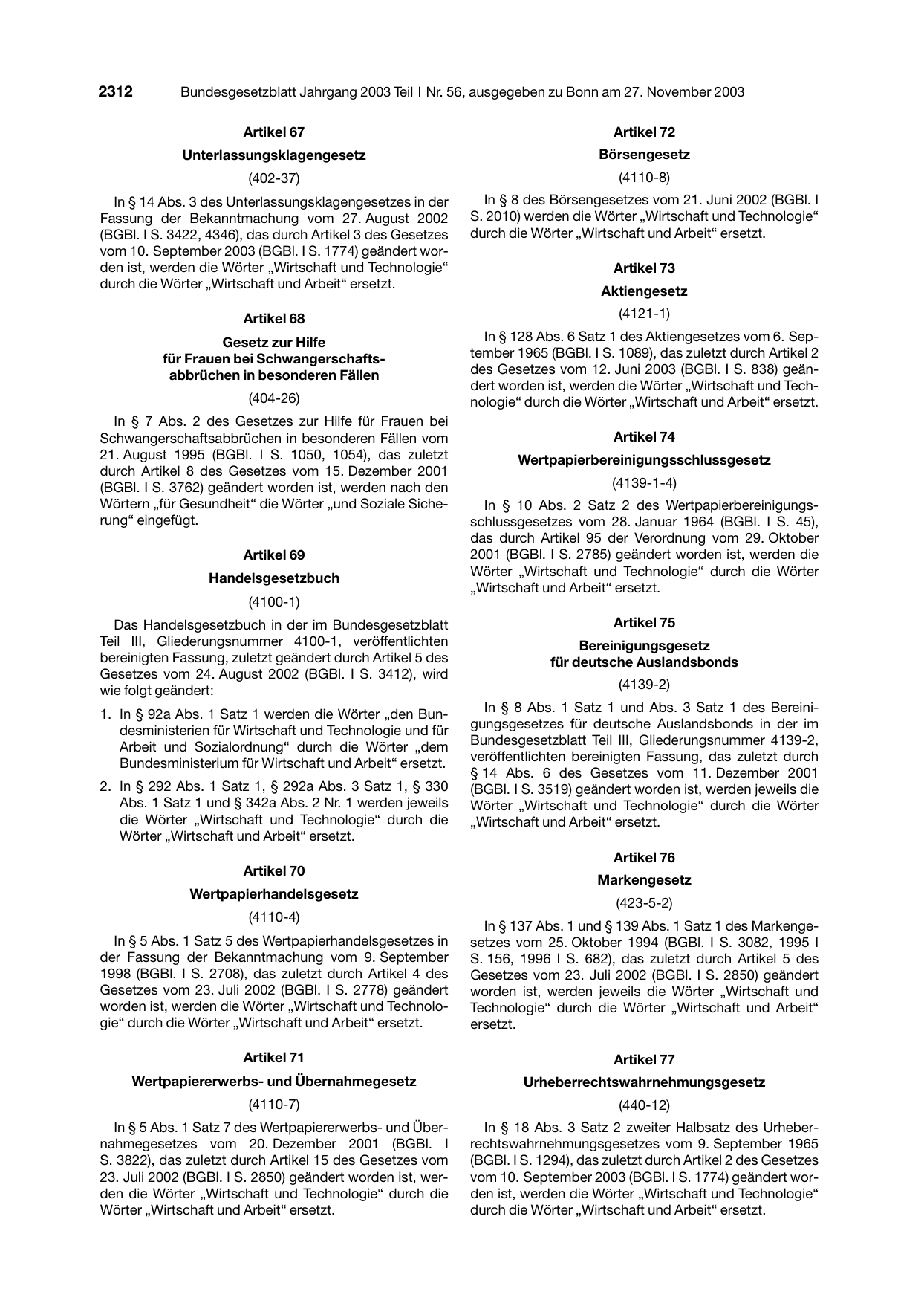 BGBl. 2003, Seite 2312 — Originalseite als Abbildung