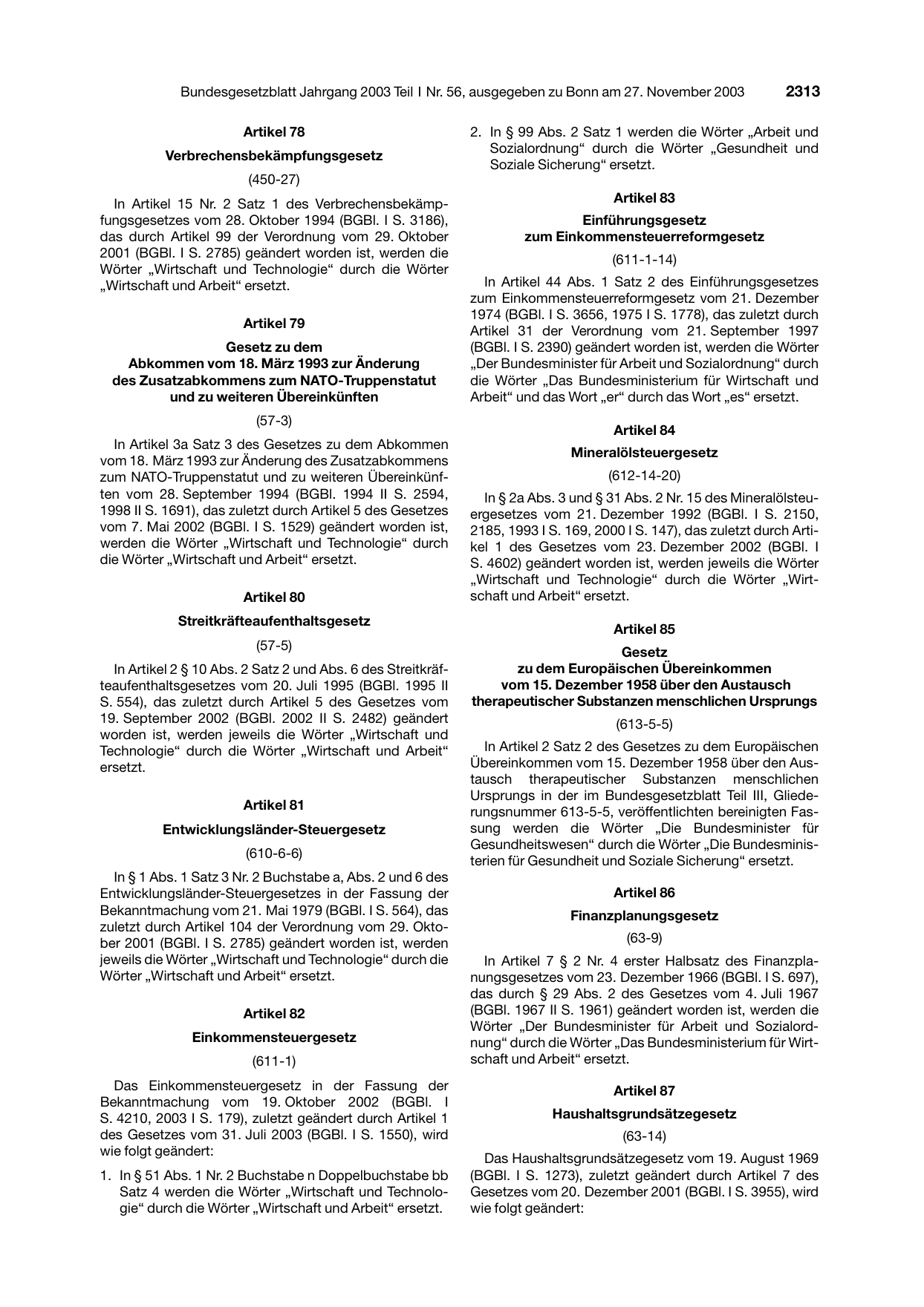 BGBl. 2003, Seite 2313 — Originalseite als Abbildung