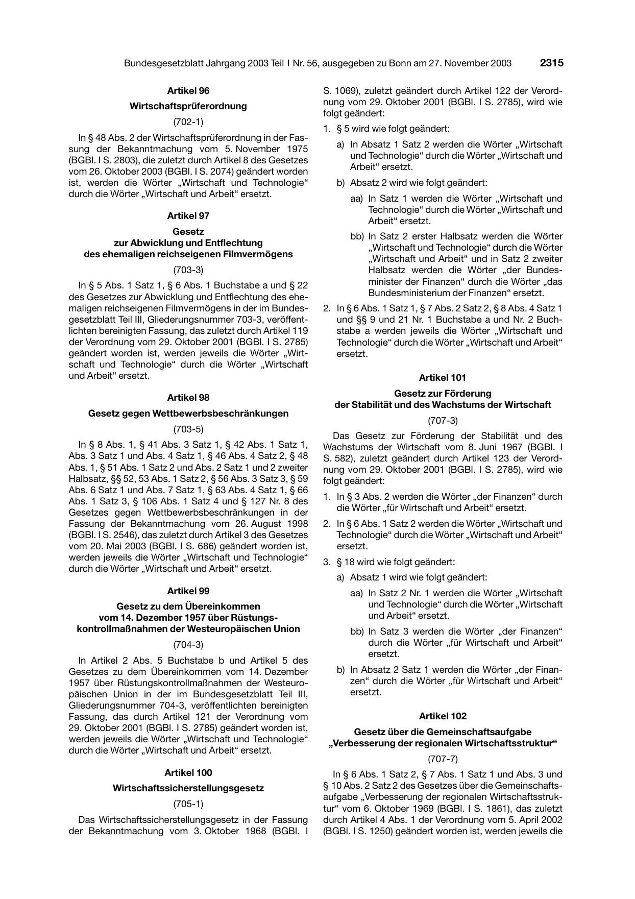 BGBl. 2003, Seite 2315 — Originalseite als Abbildung