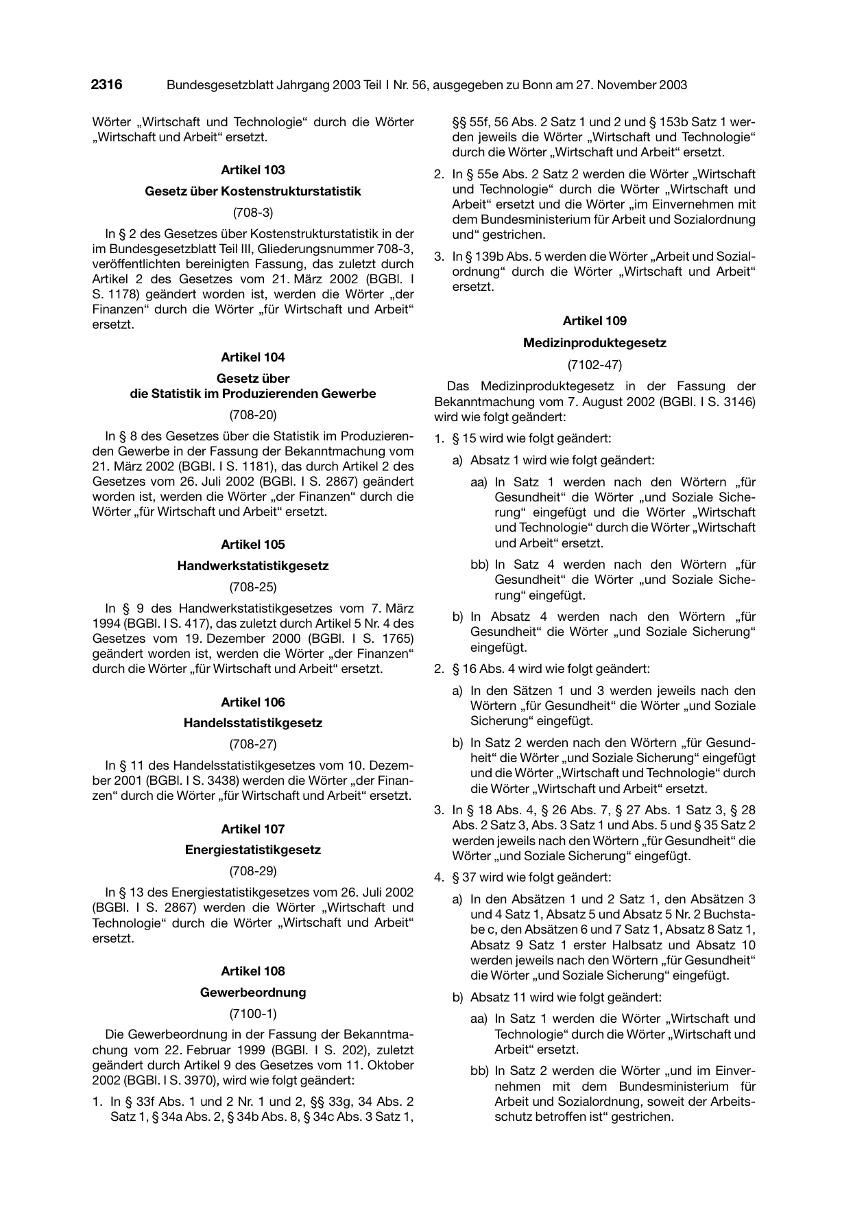 BGBl. 2003, Seite 2316 — Originalseite als Abbildung