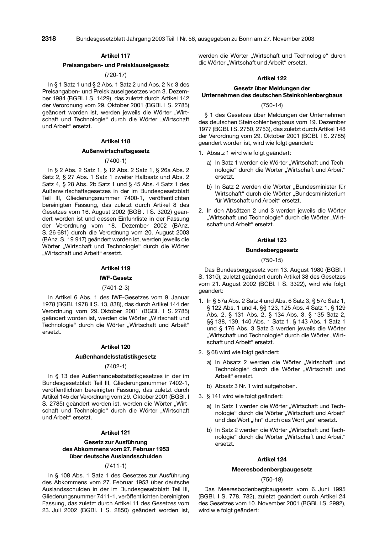BGBl. 2003, Seite 2318 — Originalseite als Abbildung