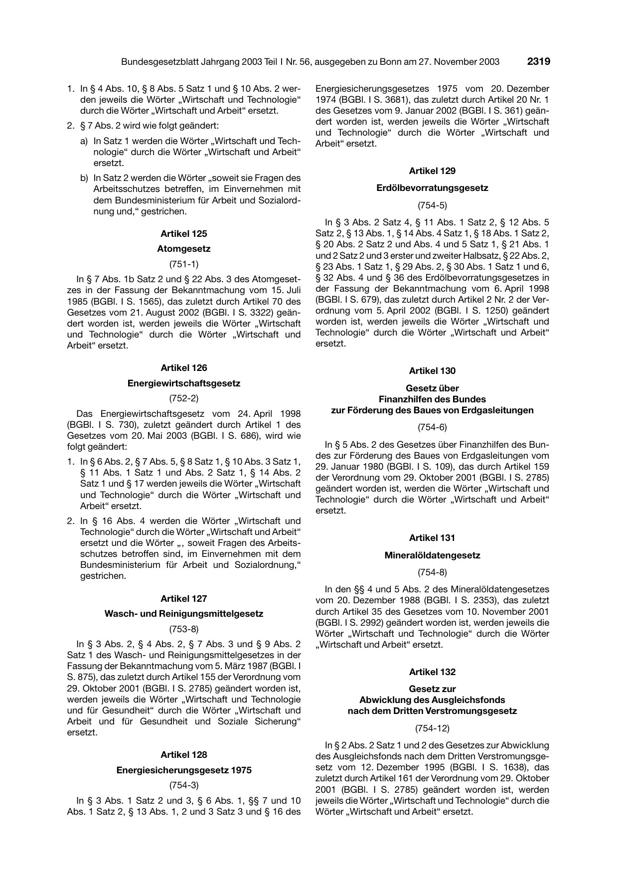 BGBl. 2003, Seite 2319 — Originalseite als Abbildung